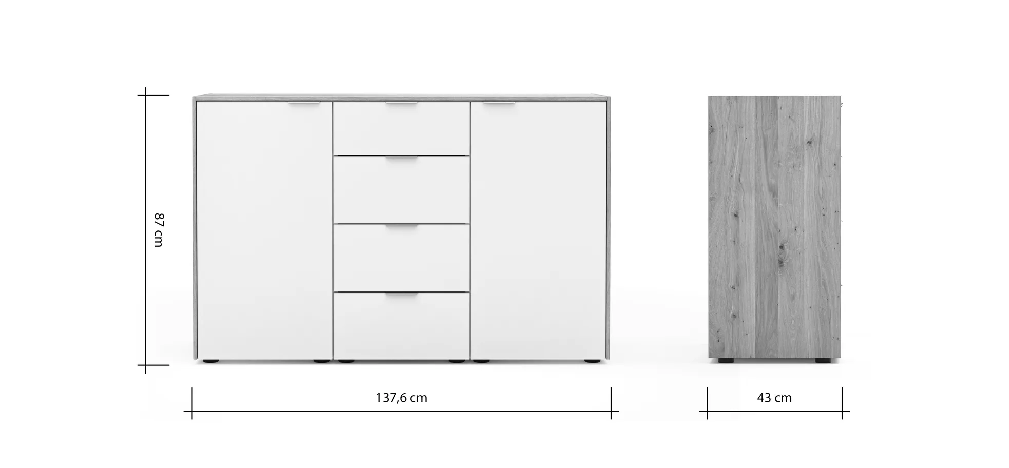 Kommode Colorado - BHT ca. 138x87x43 cm, Glas weiß mit Eiche furniert