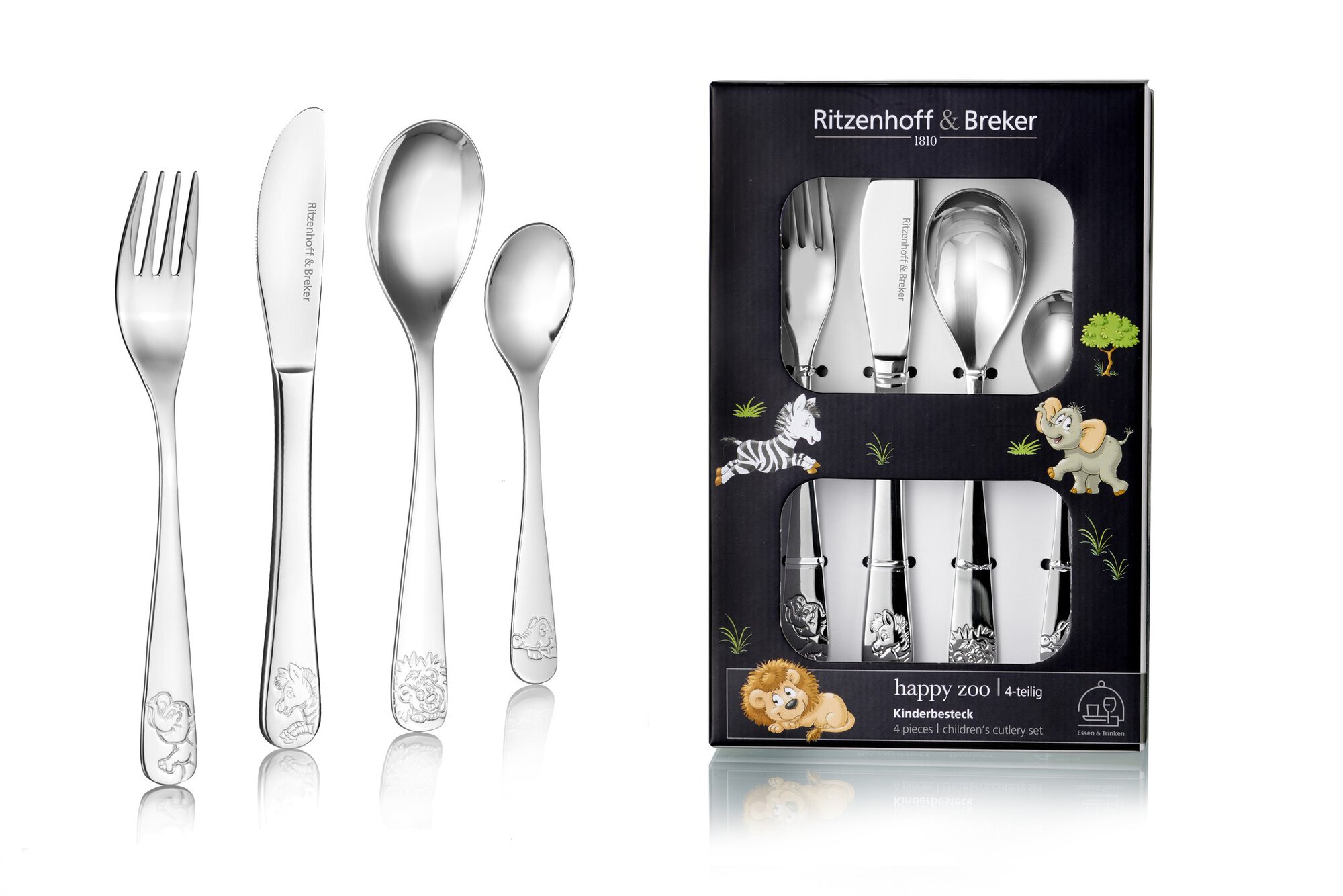 Kinderbesteck Happy Zoo 18/10 - 4tlg. - Edelstahl, spülmaschinengeeignet, Silber
