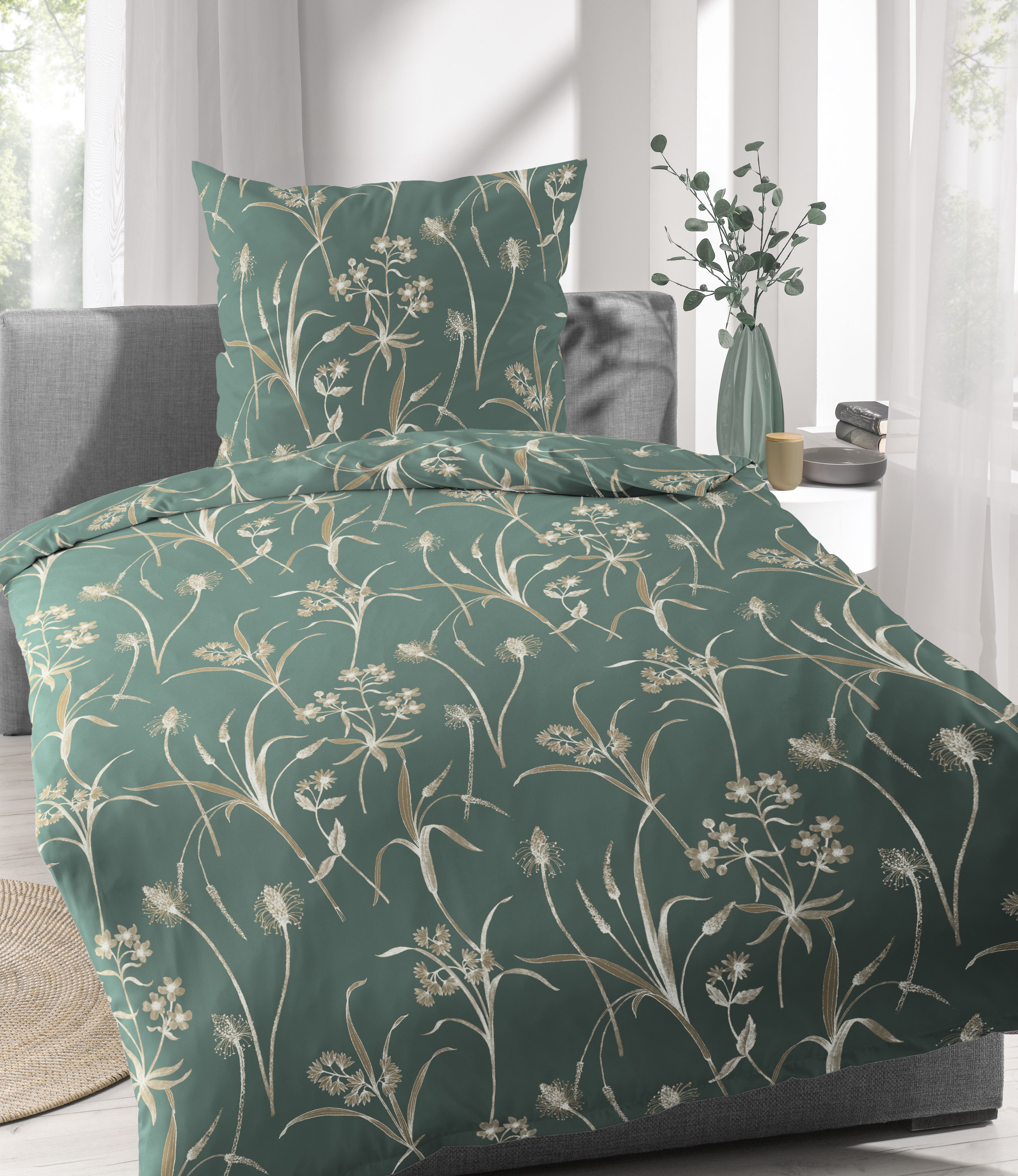 Mako-Satin-Bettwäsche, 135x200cm - CASEA Sevillas, petrol, floral