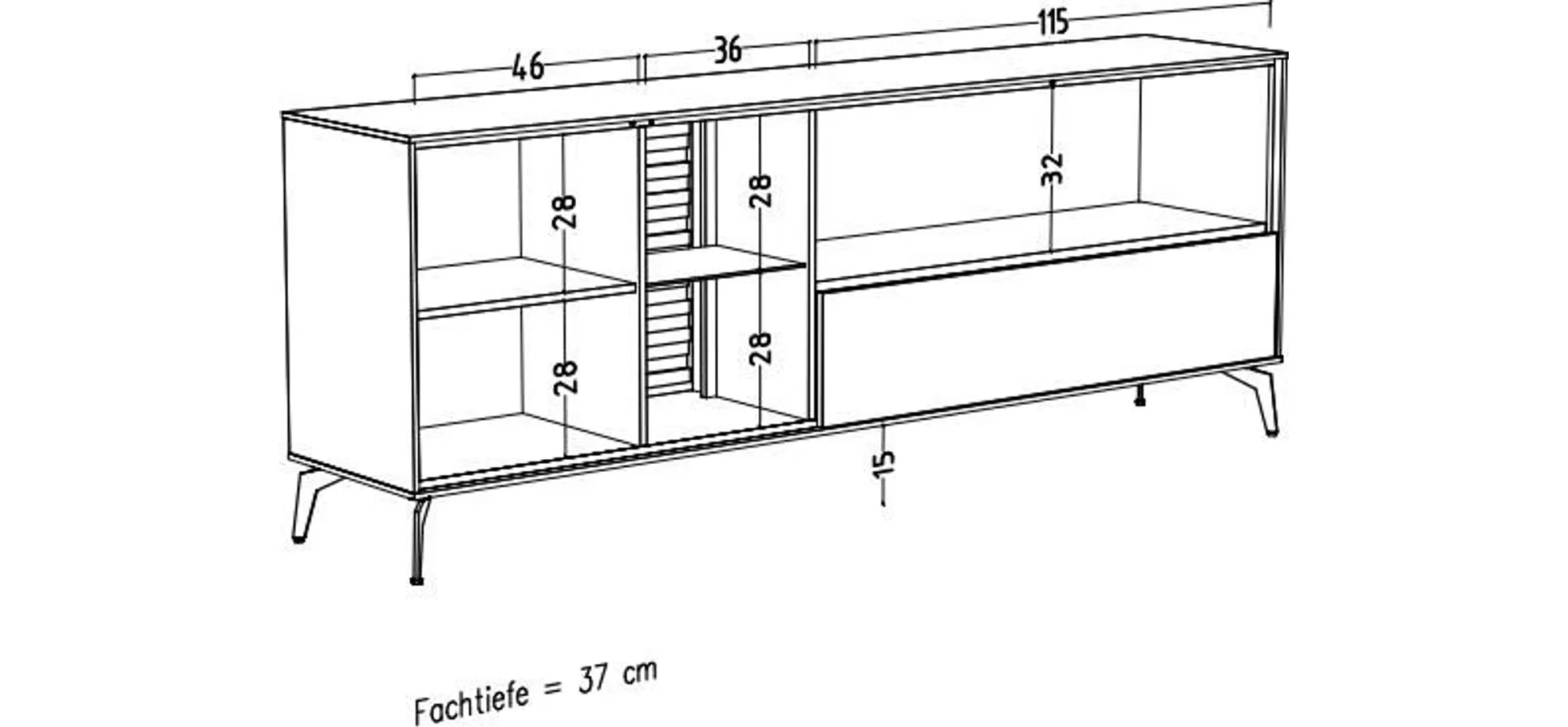 Lowboard - B ca. 207 cm, Weiß, Asteiche, Schwarz