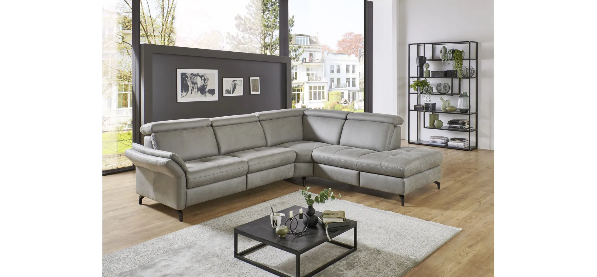  Ecksofa - 2-Sitzer mit Ecke rechts, Stoff, Grau