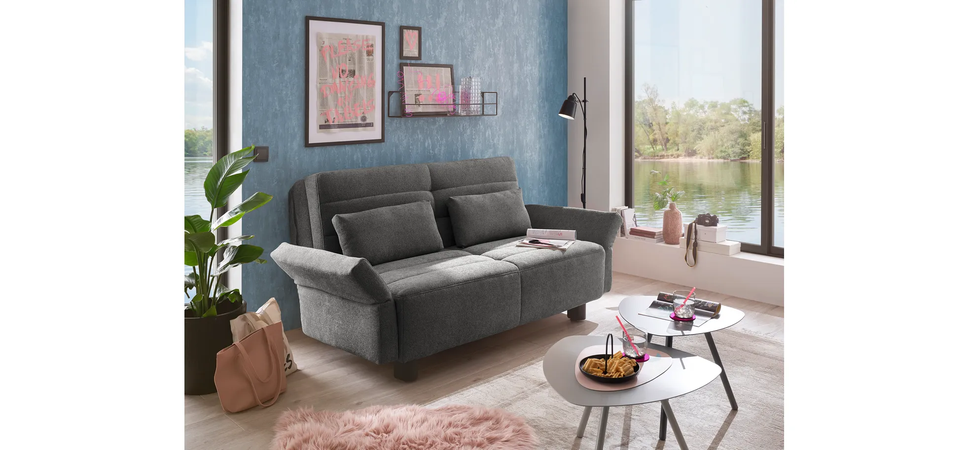  Faltsofa Easy - 2-Sitzer, ca. 140 cm inkl. Schlaffunktion/Topper/Armteil verstellbar, Stoff, Dunkelgrau