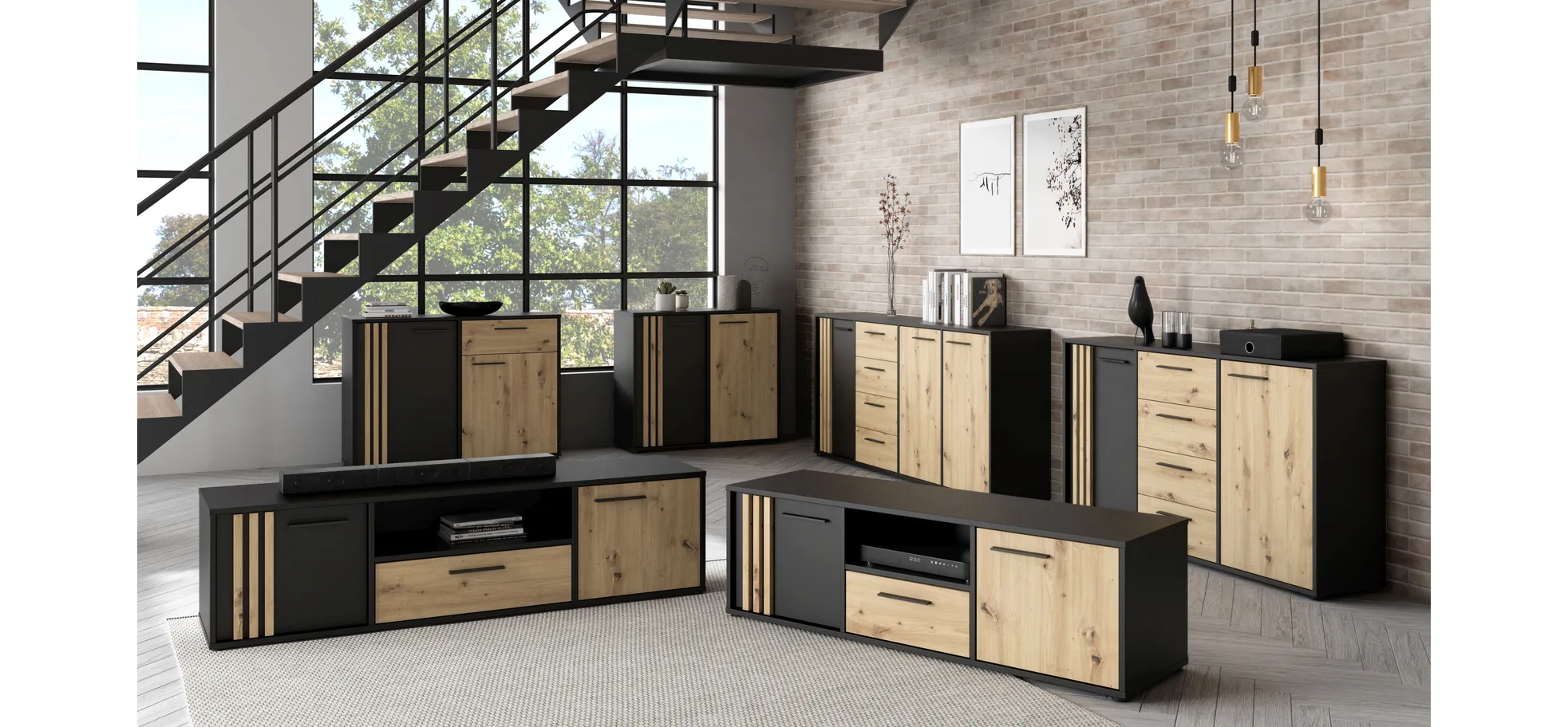 Sideboard, Black/Artisan Oak  - Floriss