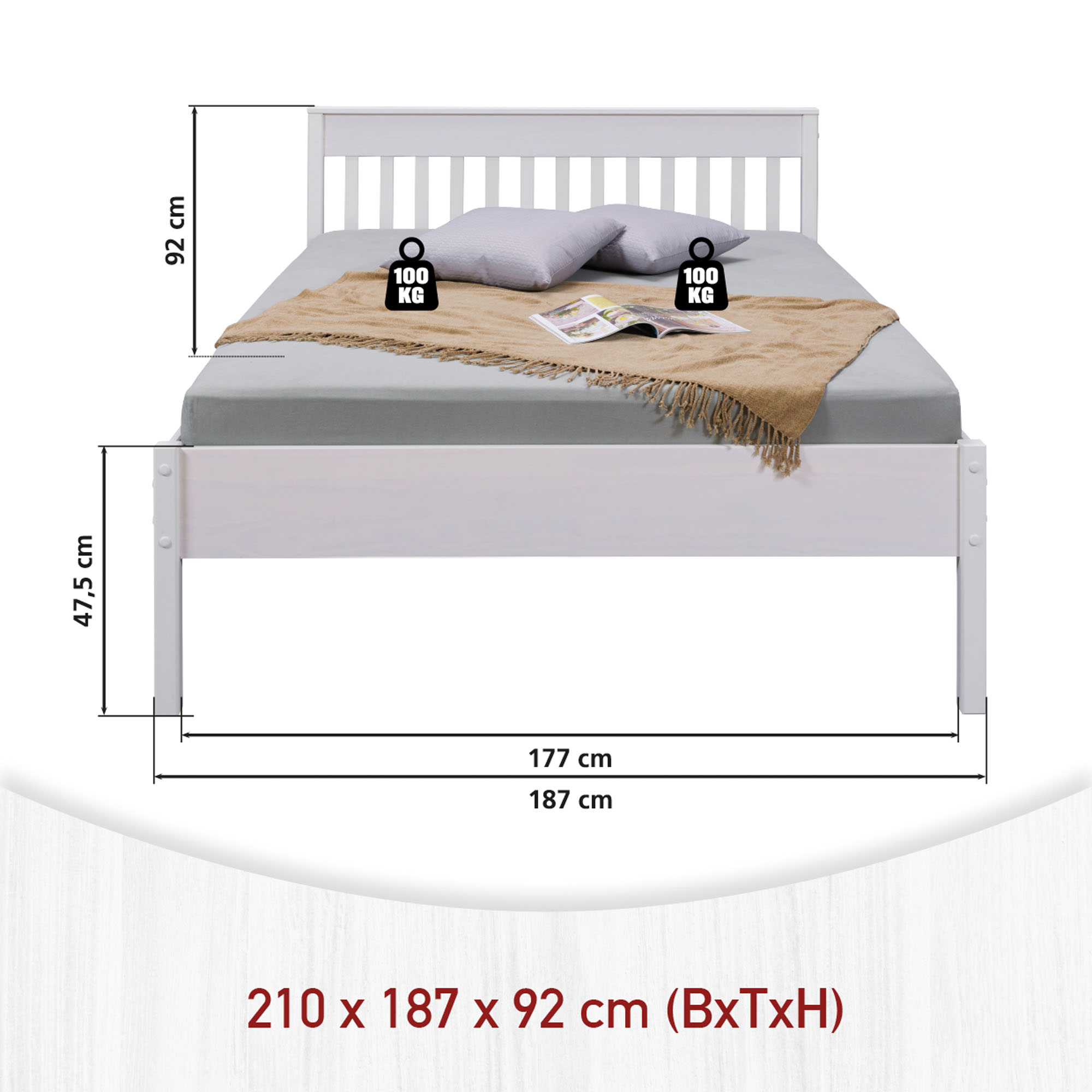 Doppelbett, 180x200 cm, Massivholz weiß - MyStyle 3076