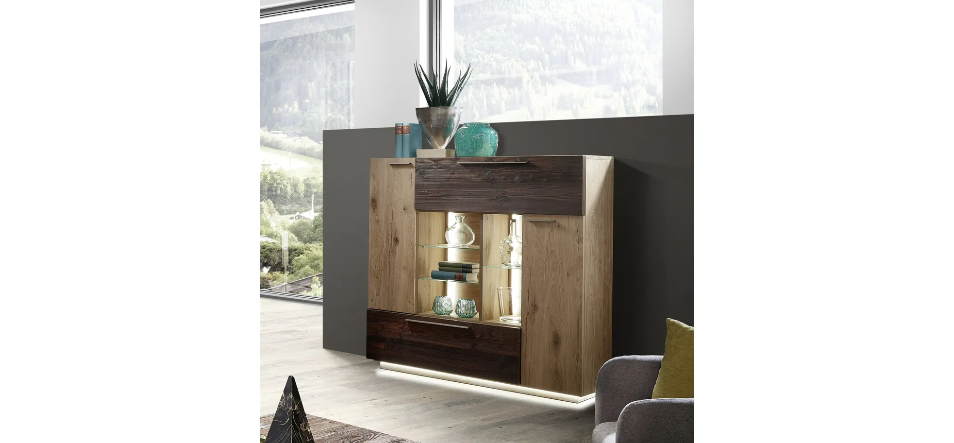 Highboard - mit Beleuchtung, Alteiche Furnier, Akzent Alm-Altholz