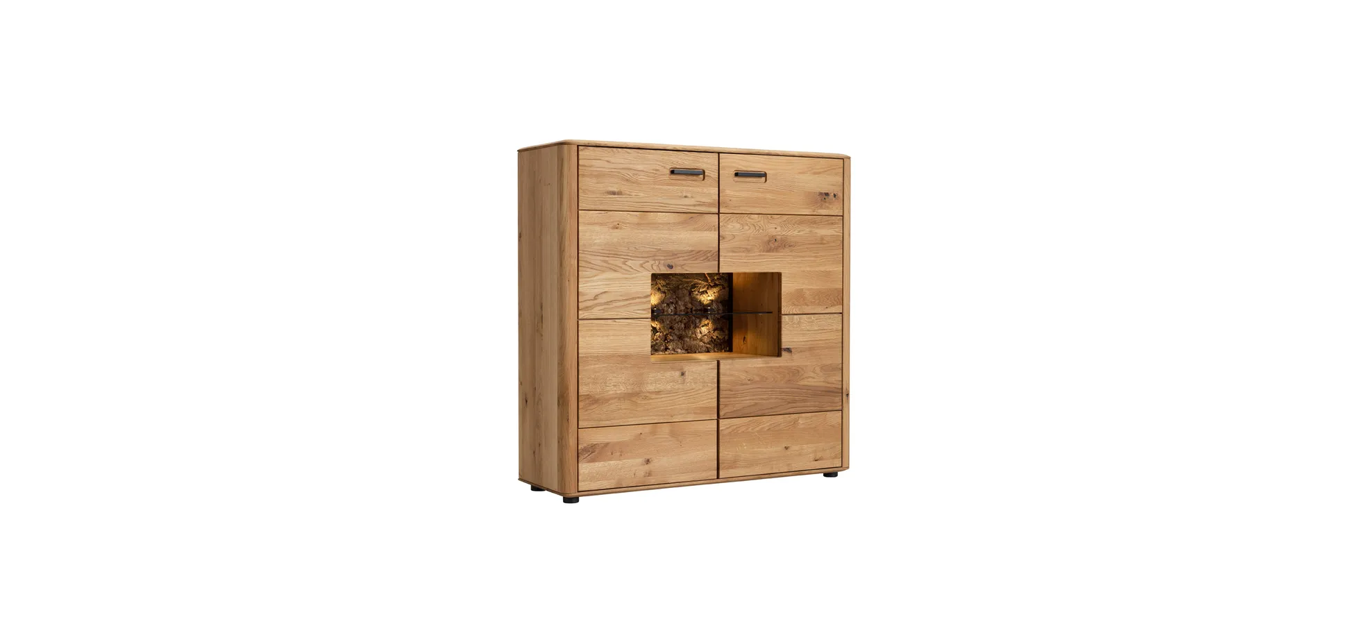 Highboard Vigo - inkl. Beleuchtung, Wildeiche massiv, Natur geölt