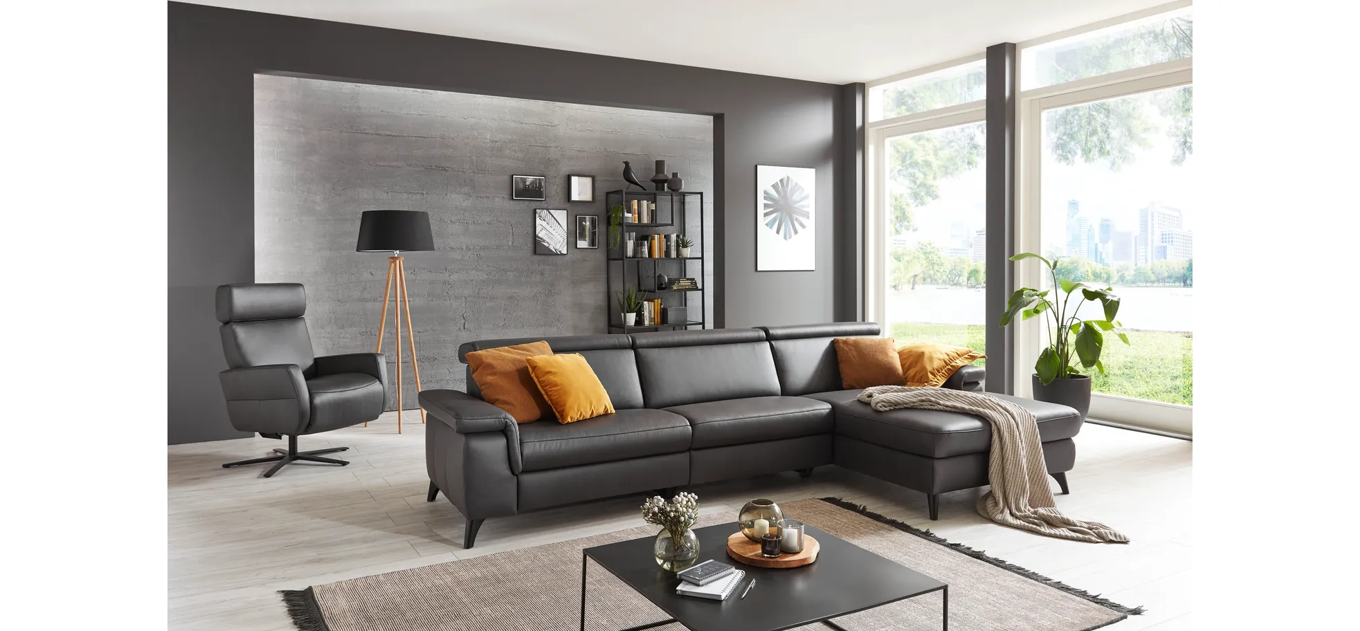 Ecksofa - 2-Sitzer mit Longchair rechts, Leder, Anthrazit