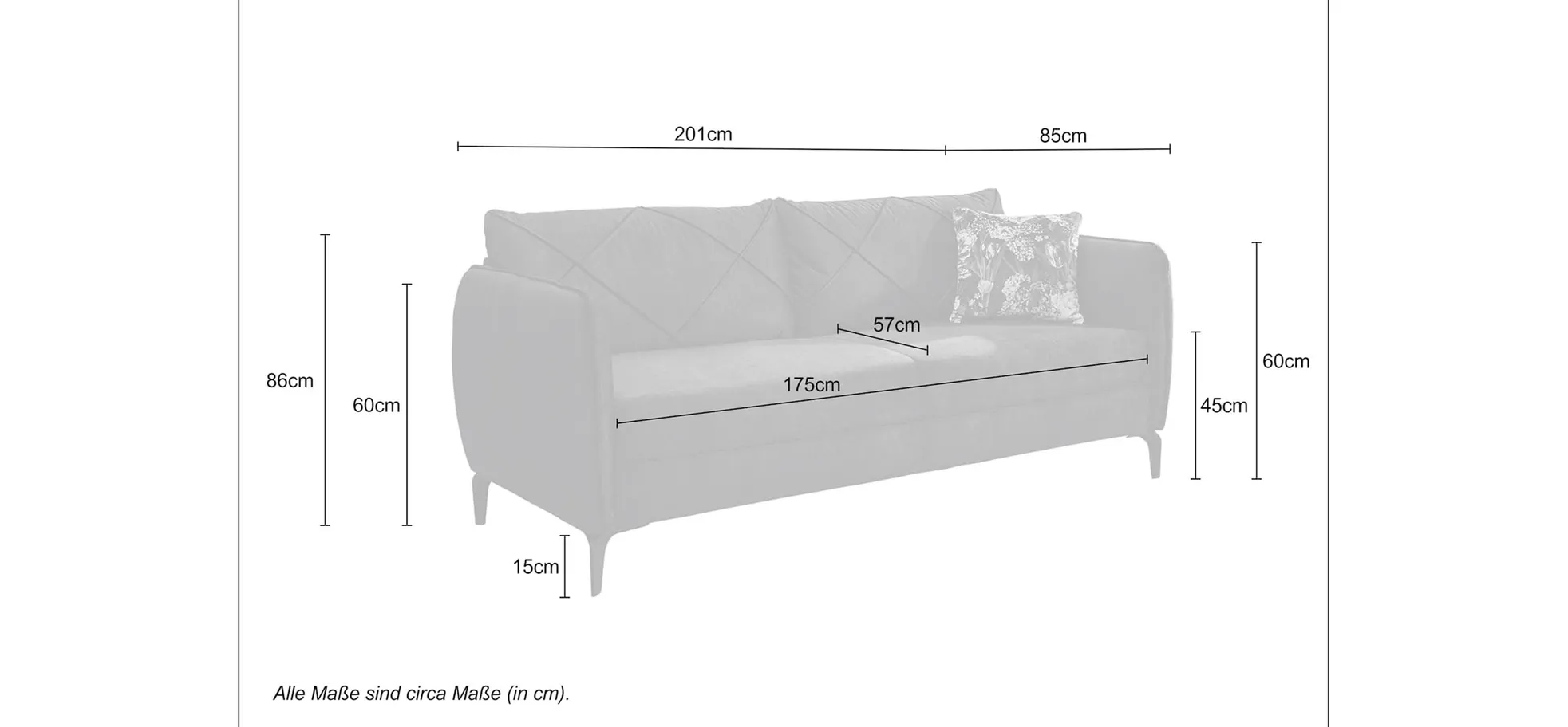 Sofa, 3-Sitzer, Rücken echt, 201 cm breit - Jerina