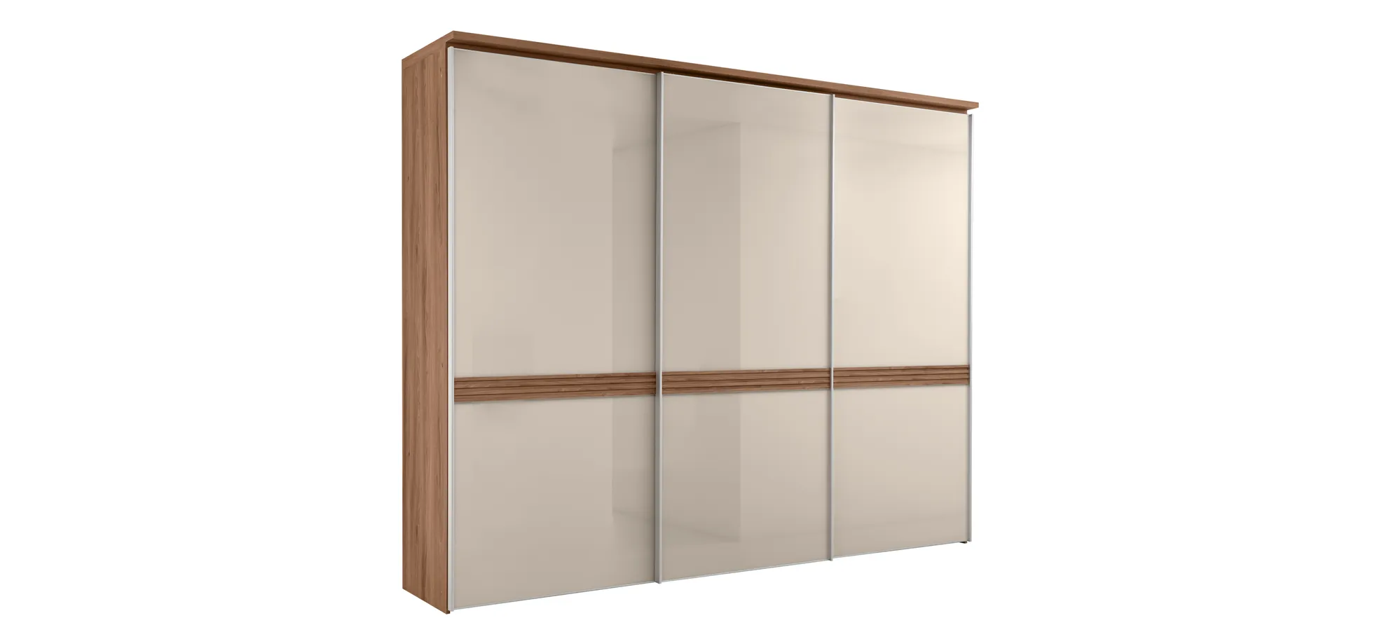 Schwebetürenschrank - B. ca. 280 cm, Elfenbeinglas, Eiche Dekor