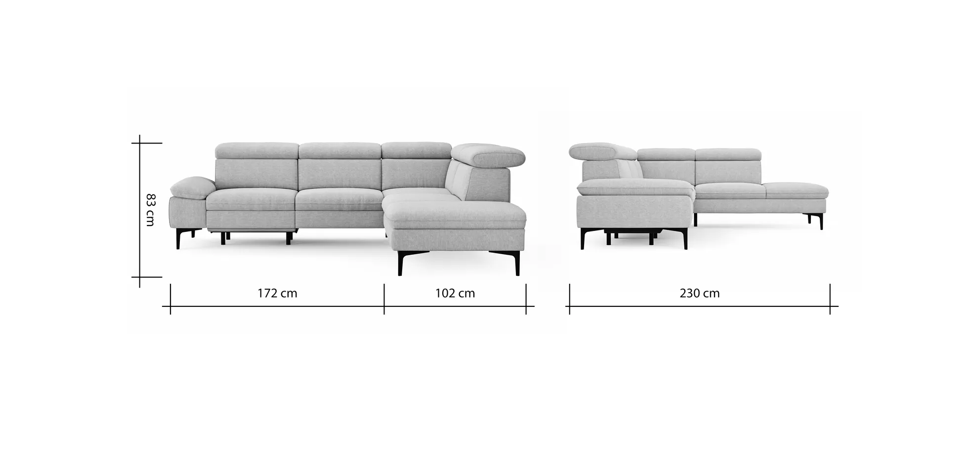 Ecksofa Felipa - 2,5-Sitzer mit Ecke rechts inkl. Armlehne verstellbar und Rückenlehne/Sitztiefe verstellbar (motorisch), Stoff, Grau