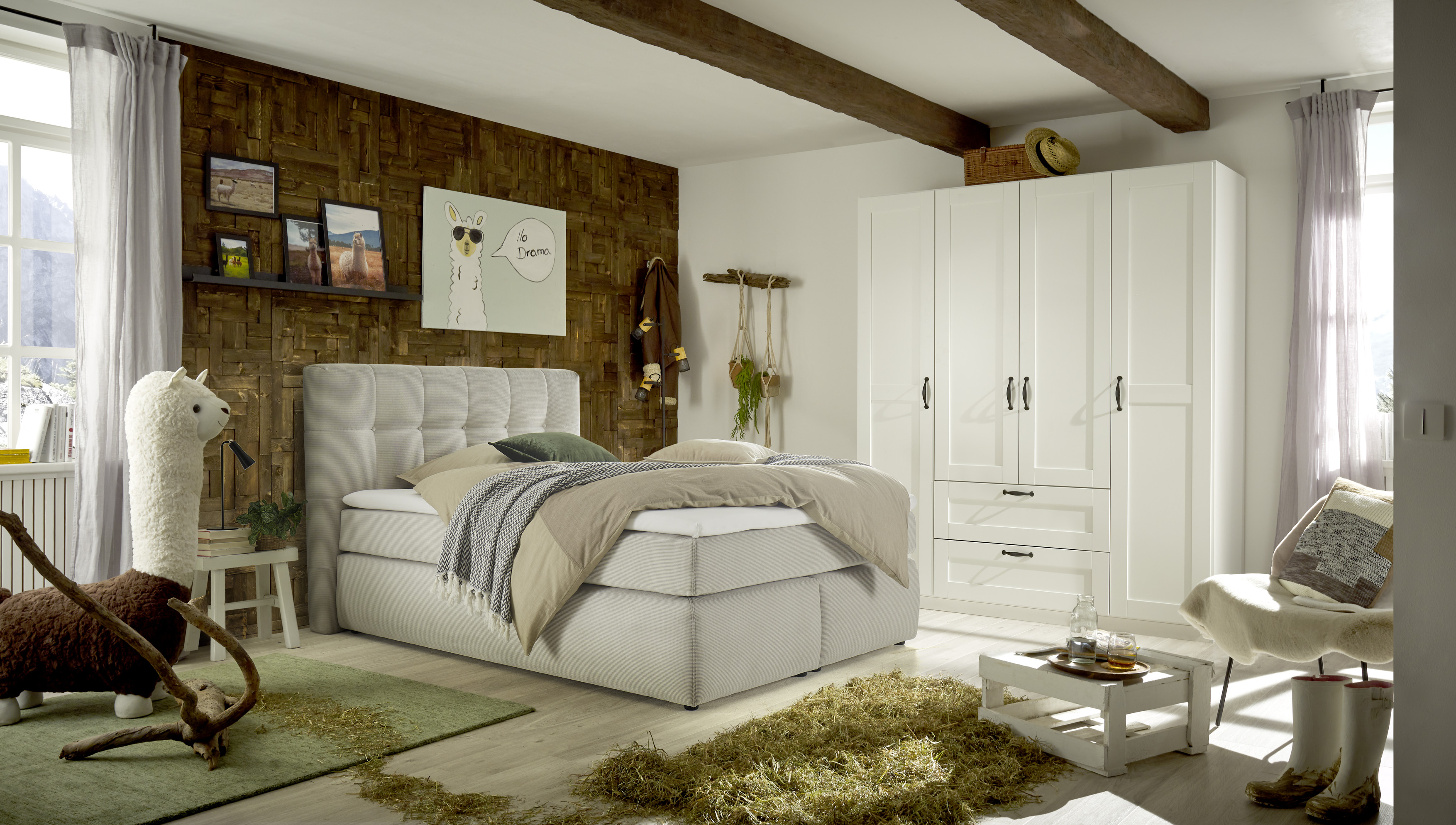 Boxspringbett, Feincord beige, - Janah