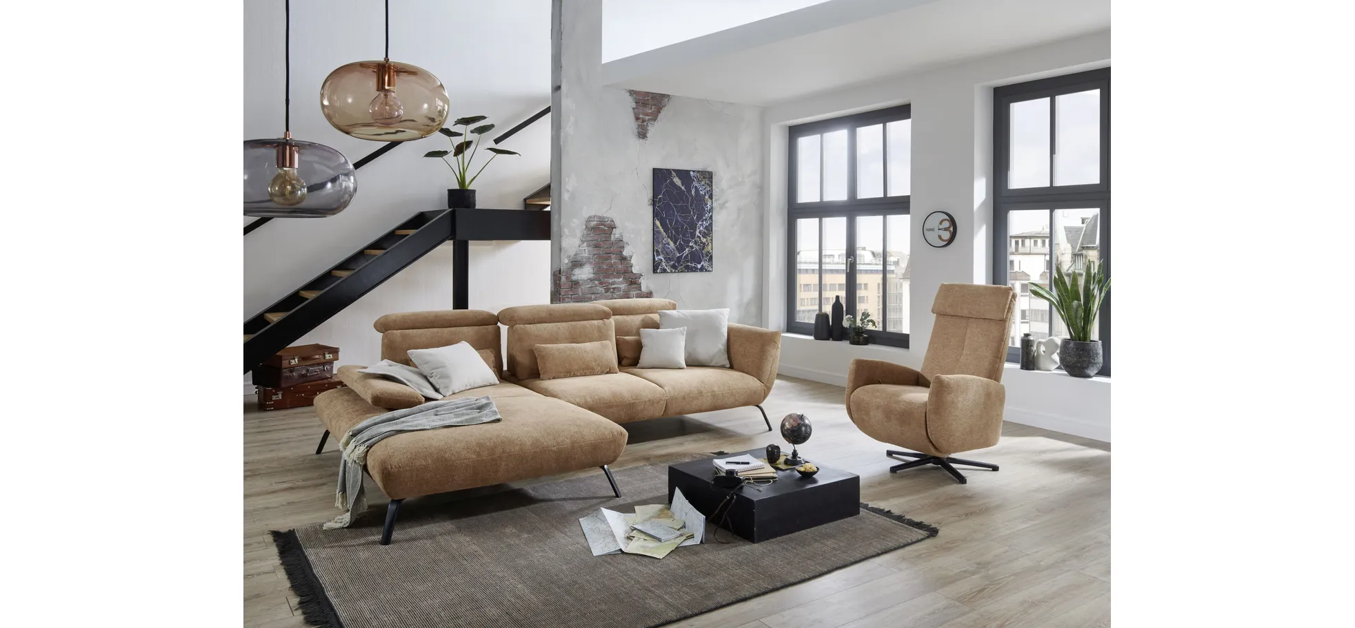 Ecksofa - Longchair links mit 3-Sitzer, Rückenlehne verstellbar, Stoff, Cognac