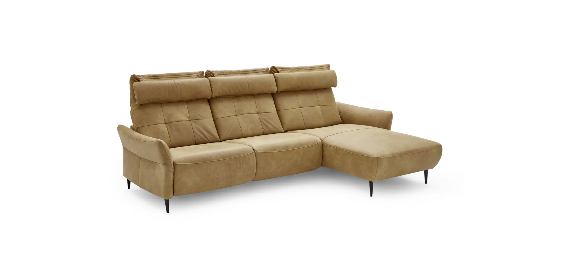 Ecksofa - 3-Sitzer mit Longchair rechts, Rückenlehne verstellbar, Leder, Kurkuma