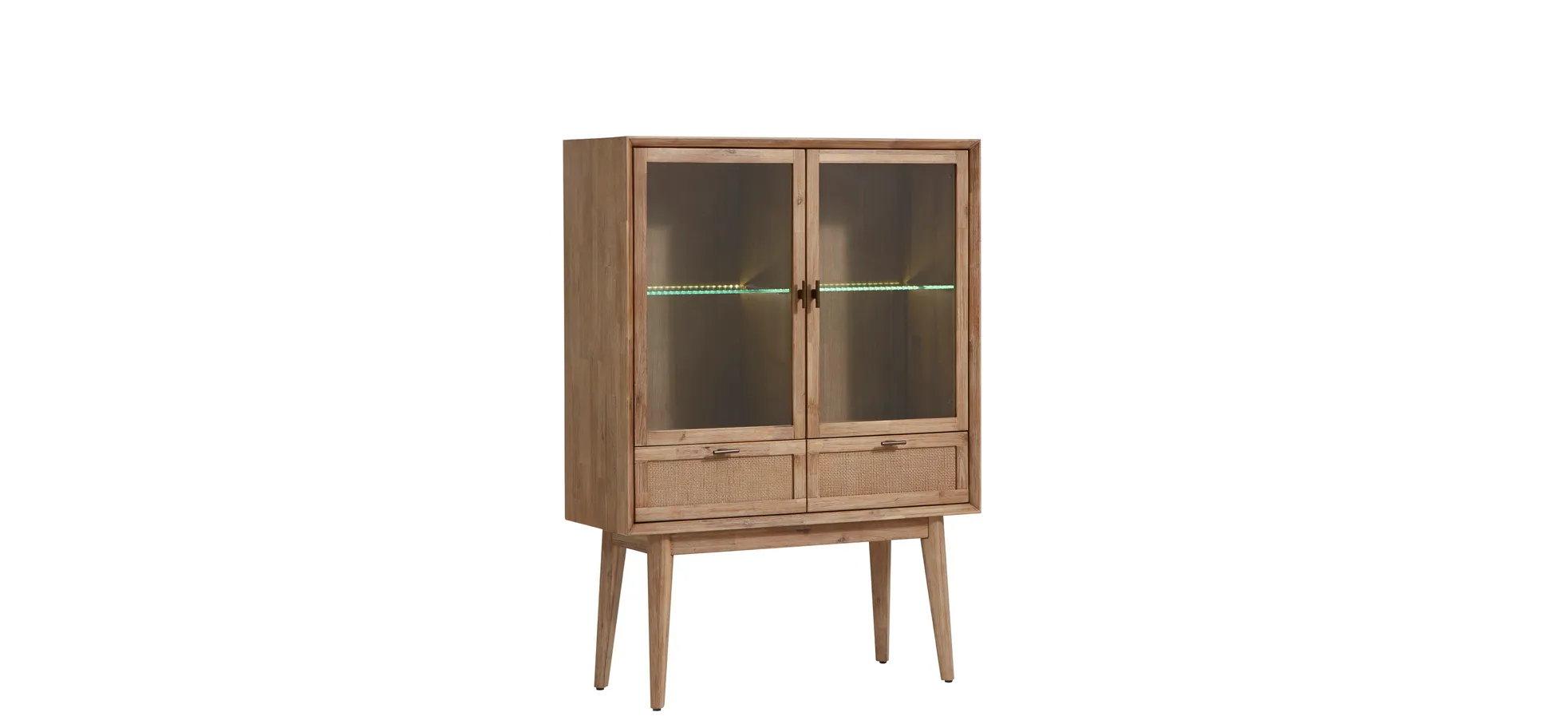 Highboard Falmouth - inkl. Beleuchtung, Akazie / Front, Rattangeflecht