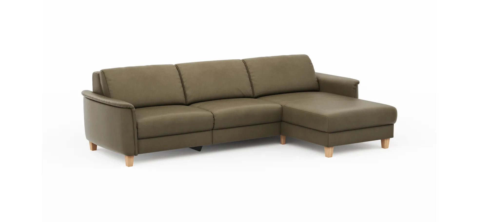 Ecksofa Mendoza - 2,5-Sitzer mit Longchair rechts, Relaxfunktion motorisch, Bettkasten, Leder, Braungrün