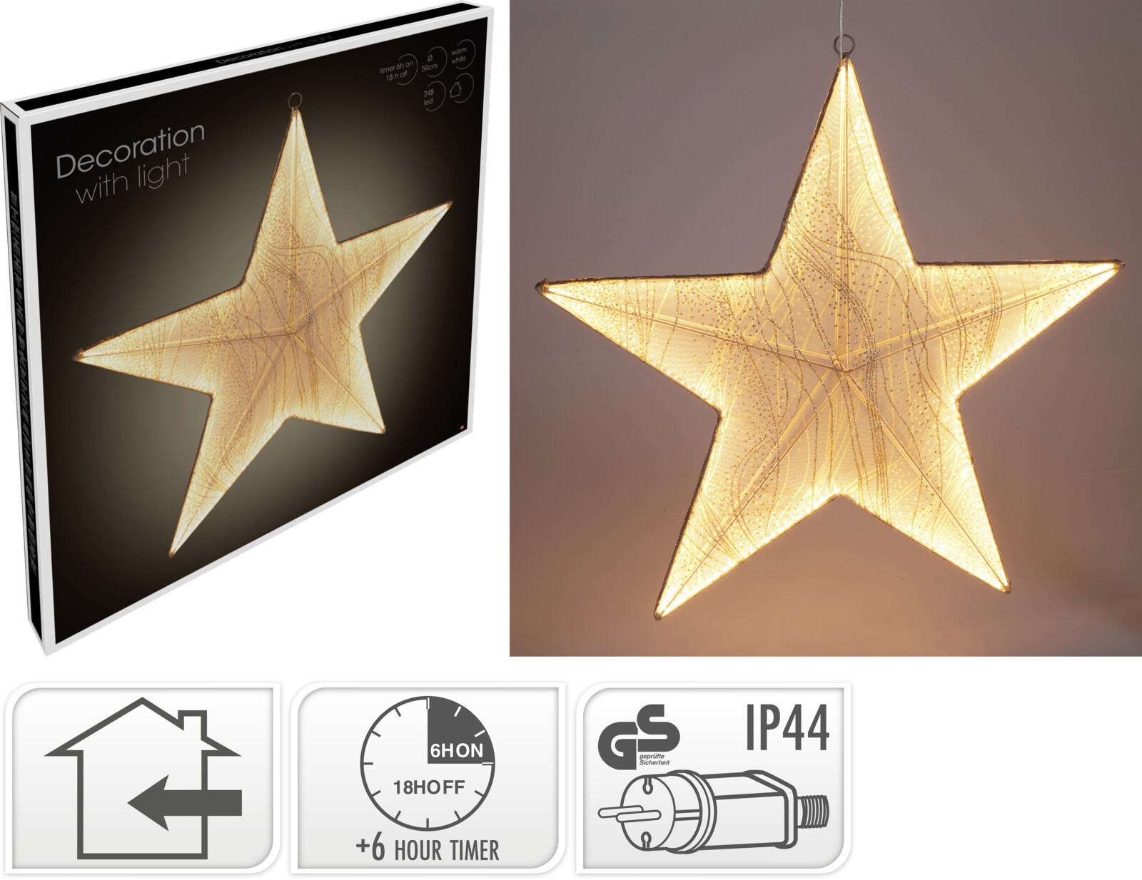 LED Stern, Stoff, ca. 59cm, 248 LED, gold - Timer, Indoor