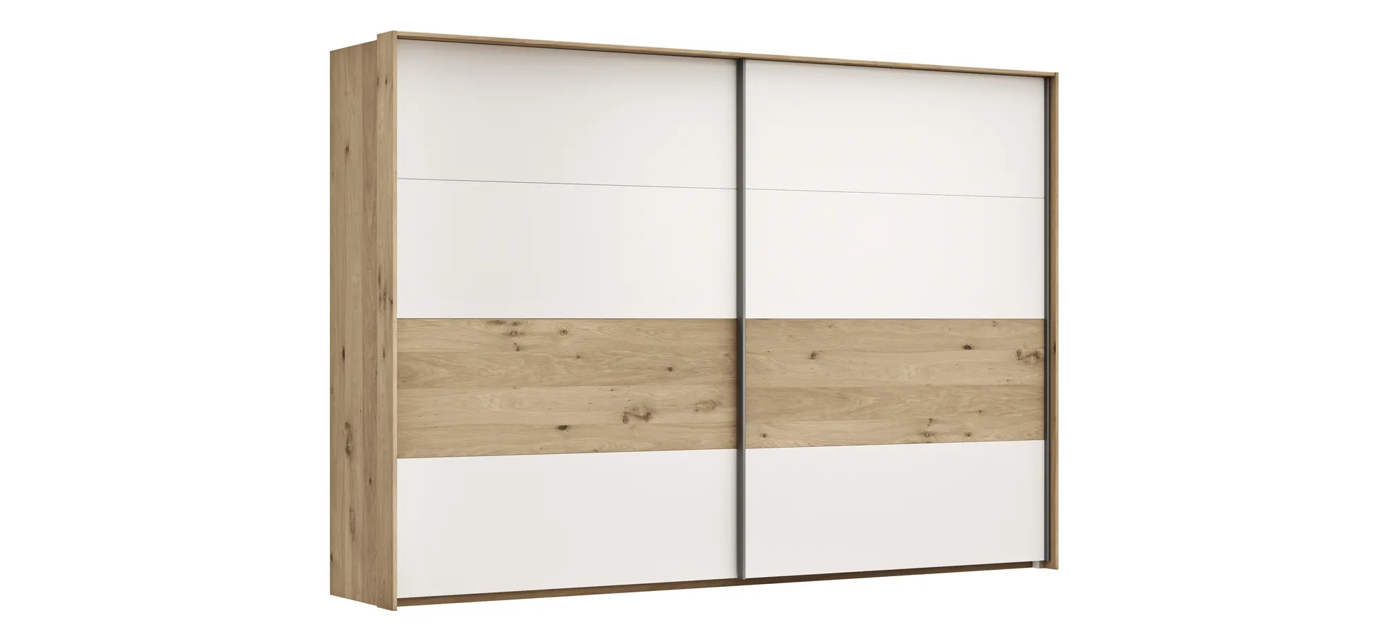Schwebetürenschrank Viana - B ca. 308 cm, Furnier, Balkeneiche, Weiß