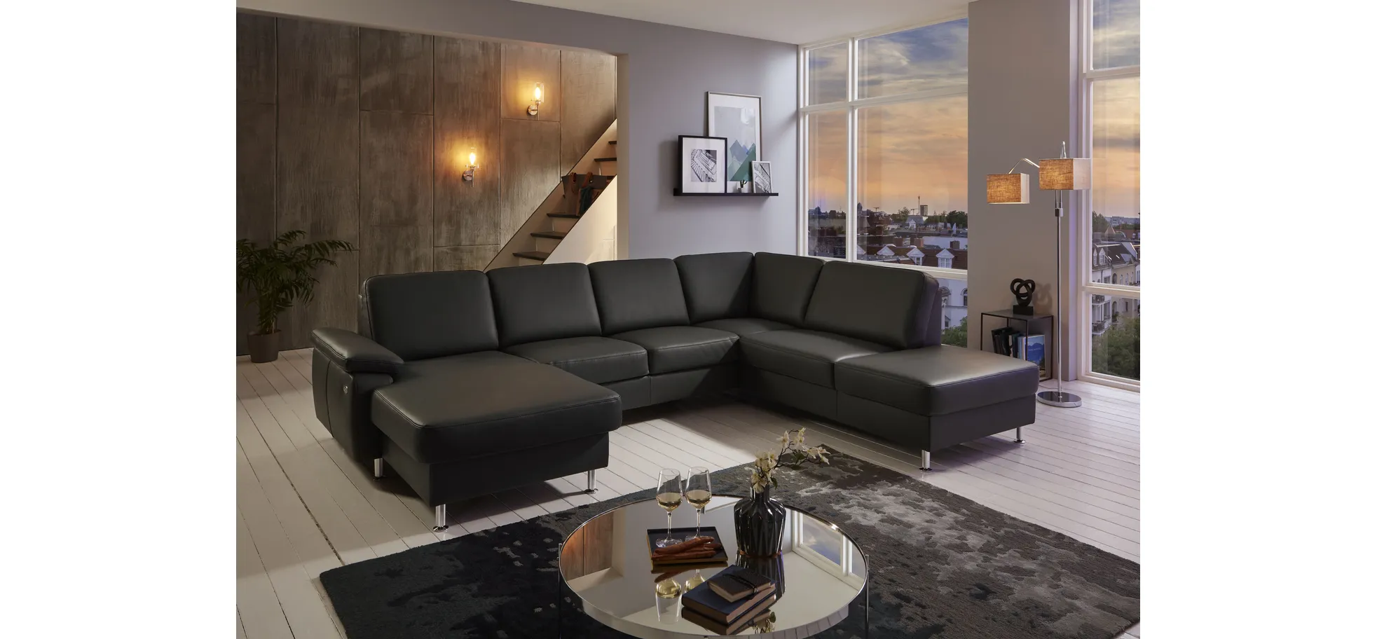 Wohnlandschaft - Longchair links mit 2,5-Sitzer und Ecke rechts,  Leder, Anthrazit
