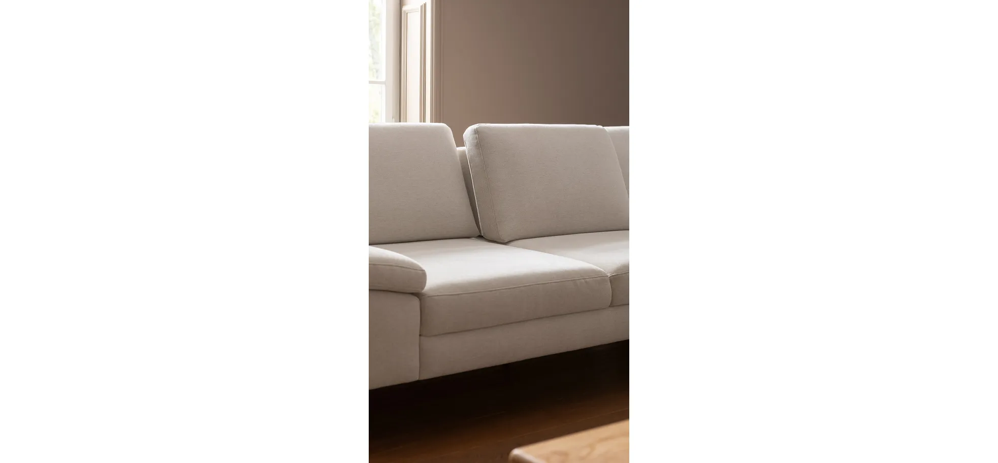 Ecksofa Houston - 2,5-Sitzer, Eckelement und 1-Sitzer mit Abschlussteil rechts,  inkl. Sitztiefenverstellung und Armlehne klappbar, Stoff, Natur
