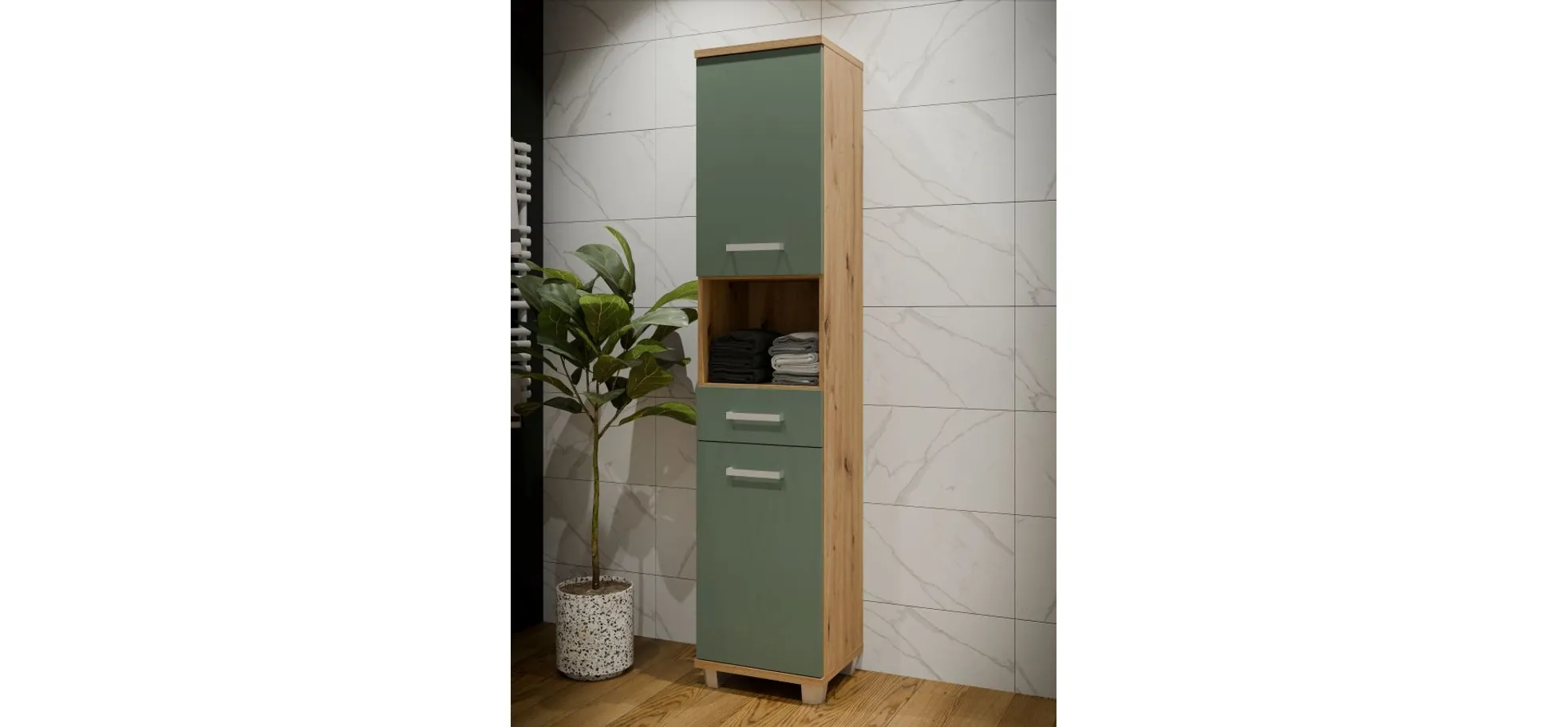 Hochschrank- B ca. 40 cm, Eiche Dekor, Graugrün