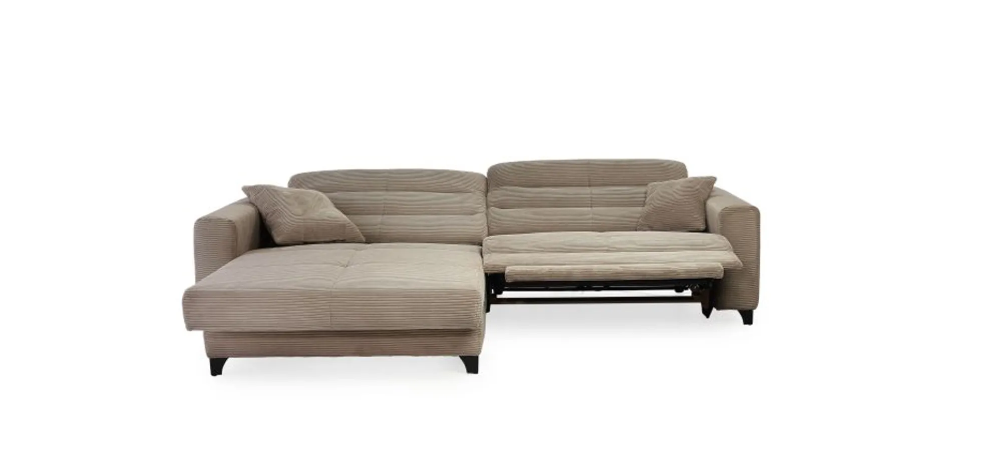 Ecksofa JAROM - 3-Sitzer, Ecke rechts inkl. Relaxfunktion (motorisch) und Kopfteil verstellbar, Stoff, Taupe