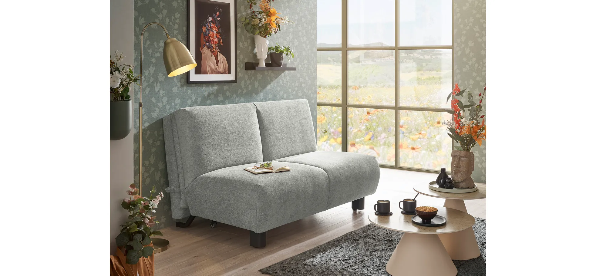  Faltsofa EBBY - 2-Sitzer ohne Armlehne, 140 cm inkl. Schlaffunktion/Relaxfunktion, Stoff, Grau
