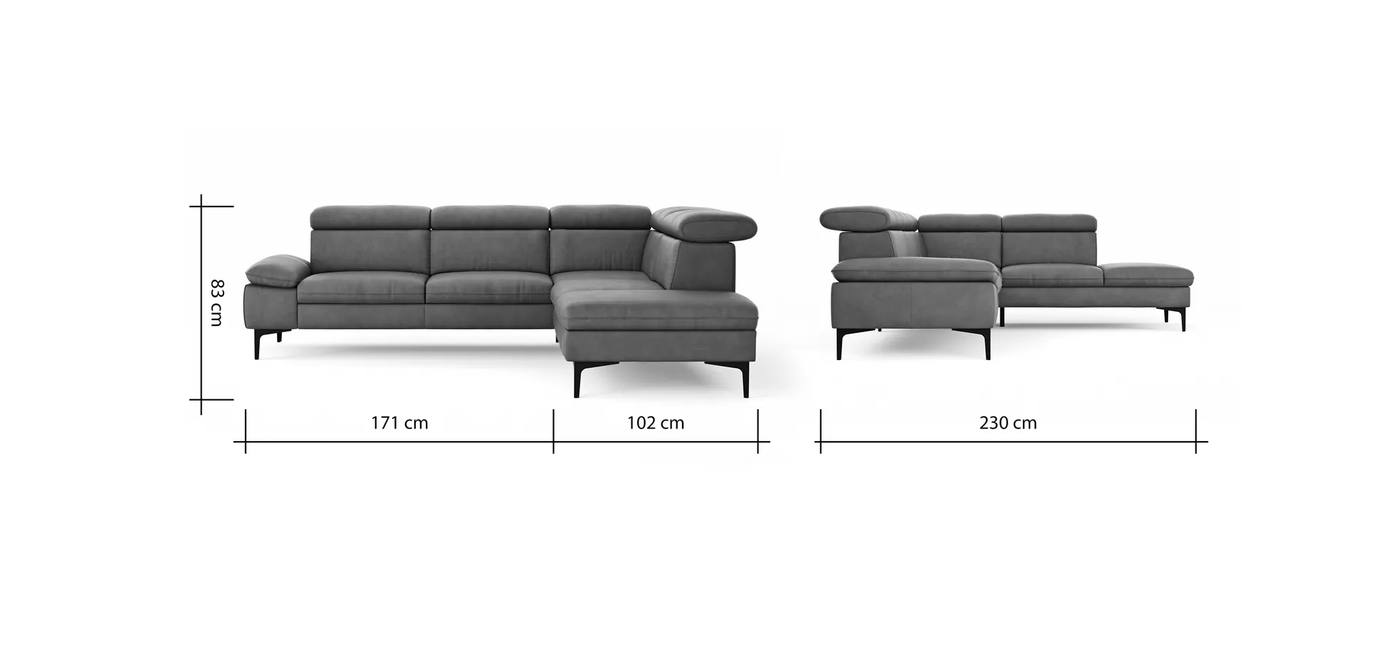Ecksofa Felipa - 2,5-Sitzer mit Ecke rechts inkl. Kopfteil verstellbar, Leder, Grau