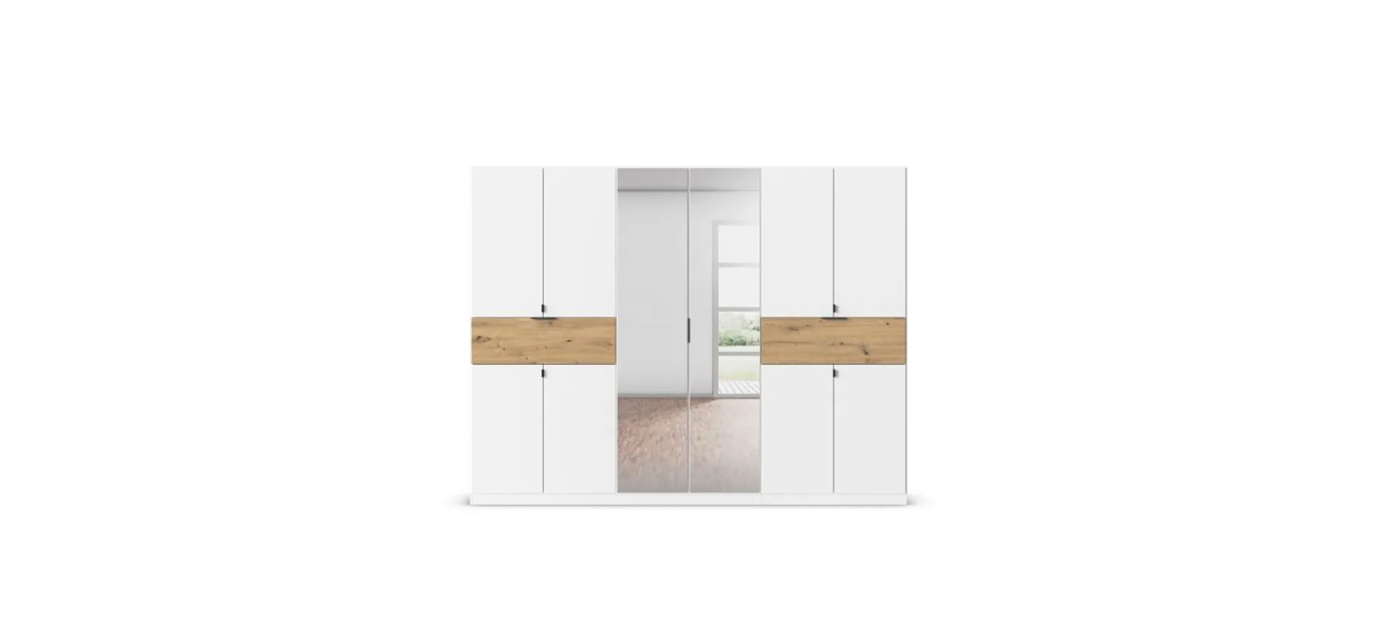 Drehtürenschrank- B ca. 271 cm, Weiß, Eiche Dekor, Spiegel