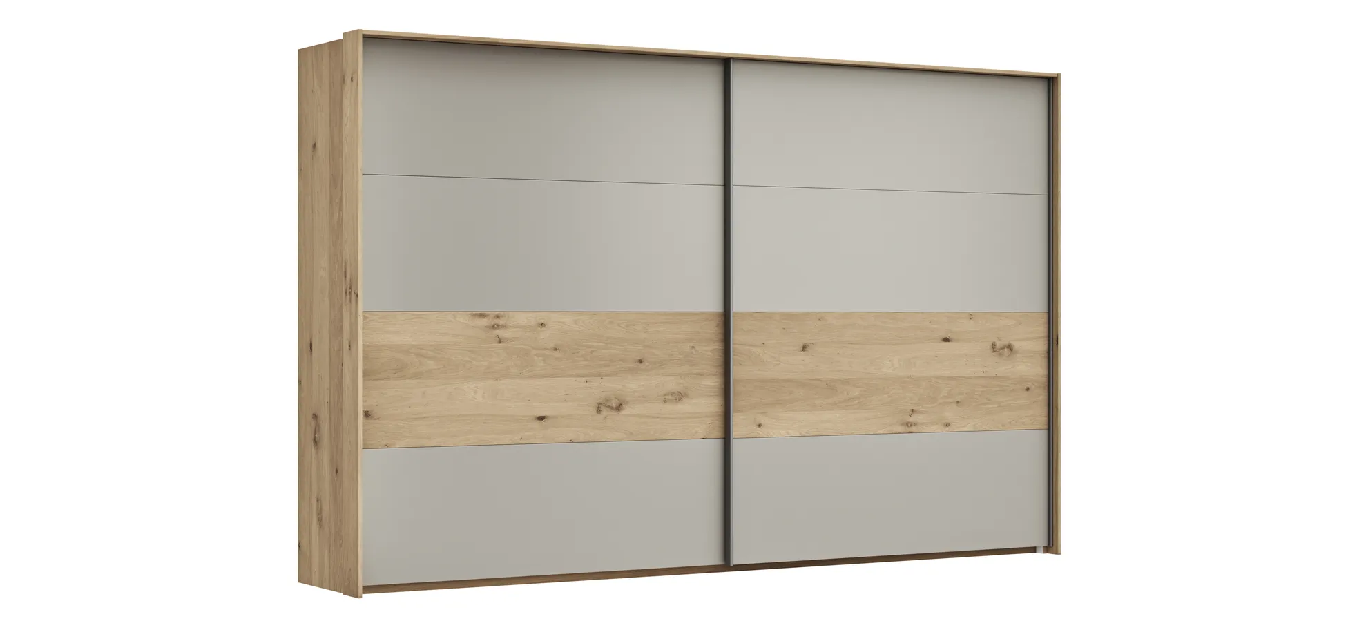Schwebetürenschrank Viana - B ca. 338 cm, Furnier, Balkeneiche, Hellgrau