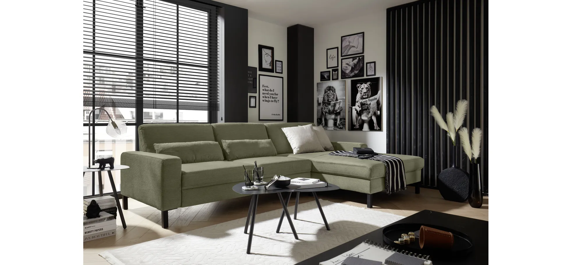  Ecksofa CALM Move 2.0 - 2,5-Sitzer mit Longchair rechts, Feincord, Olive