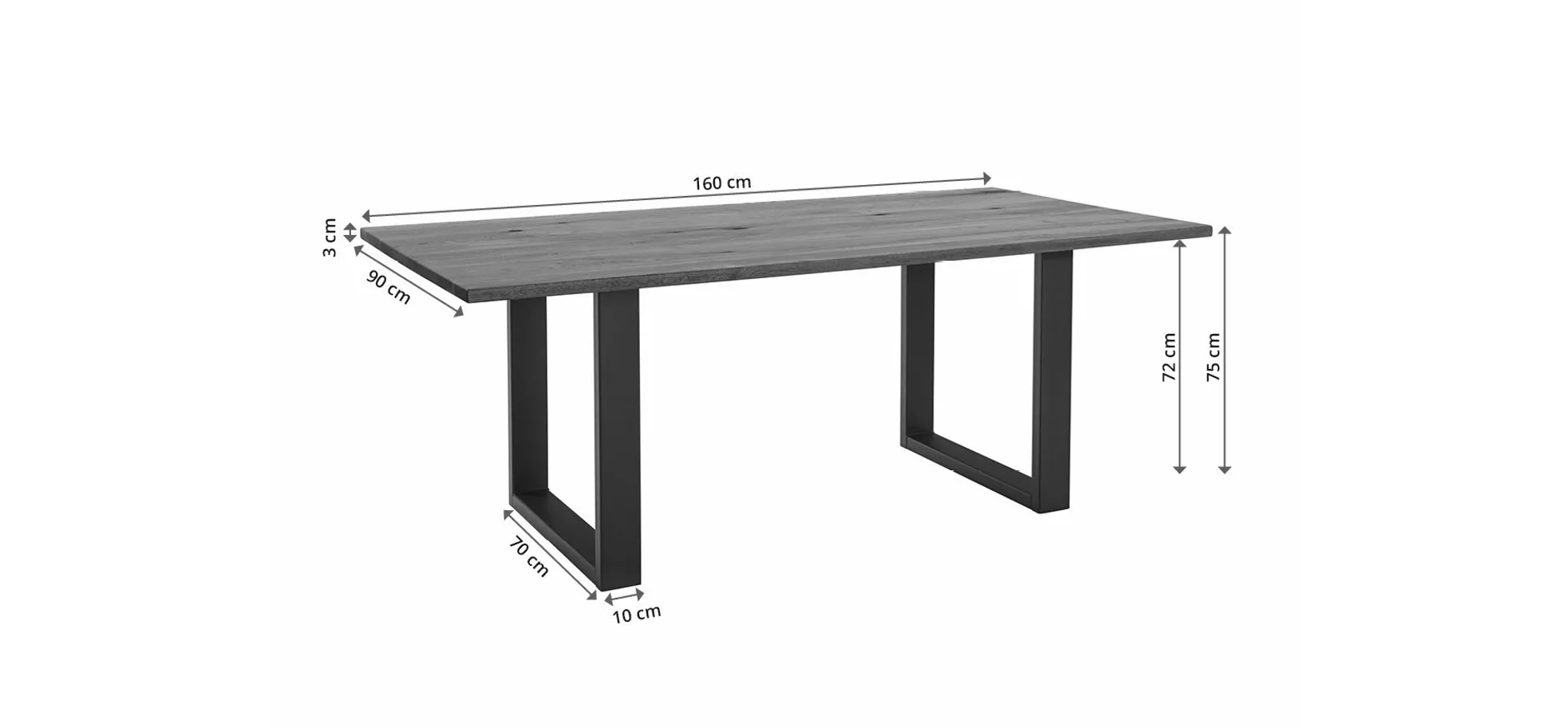Esstisch - LB ca. 160x90 cm, Wildeiche massiv geölt, Baumkante, Schwarz