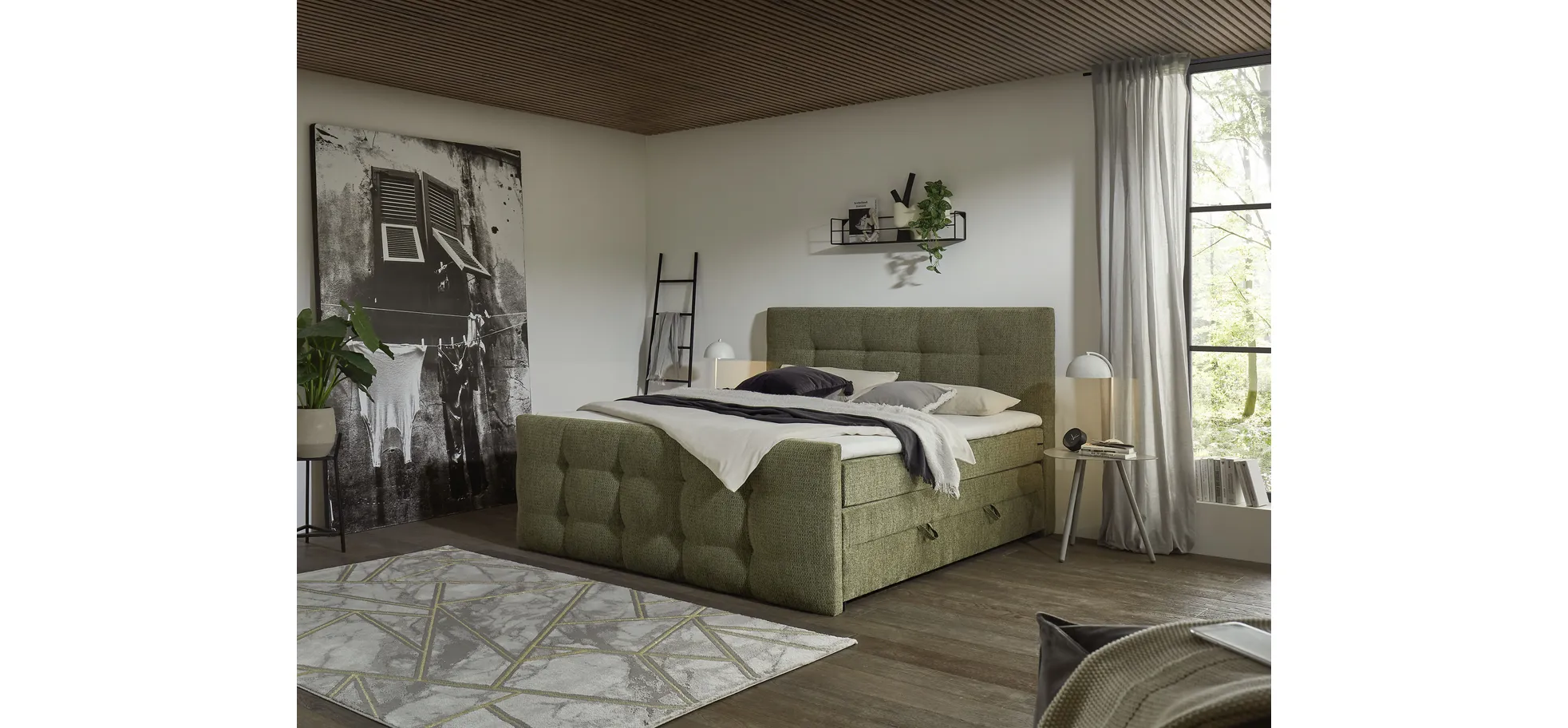 Boxspringbett, Stoff Grün - Sandrin I