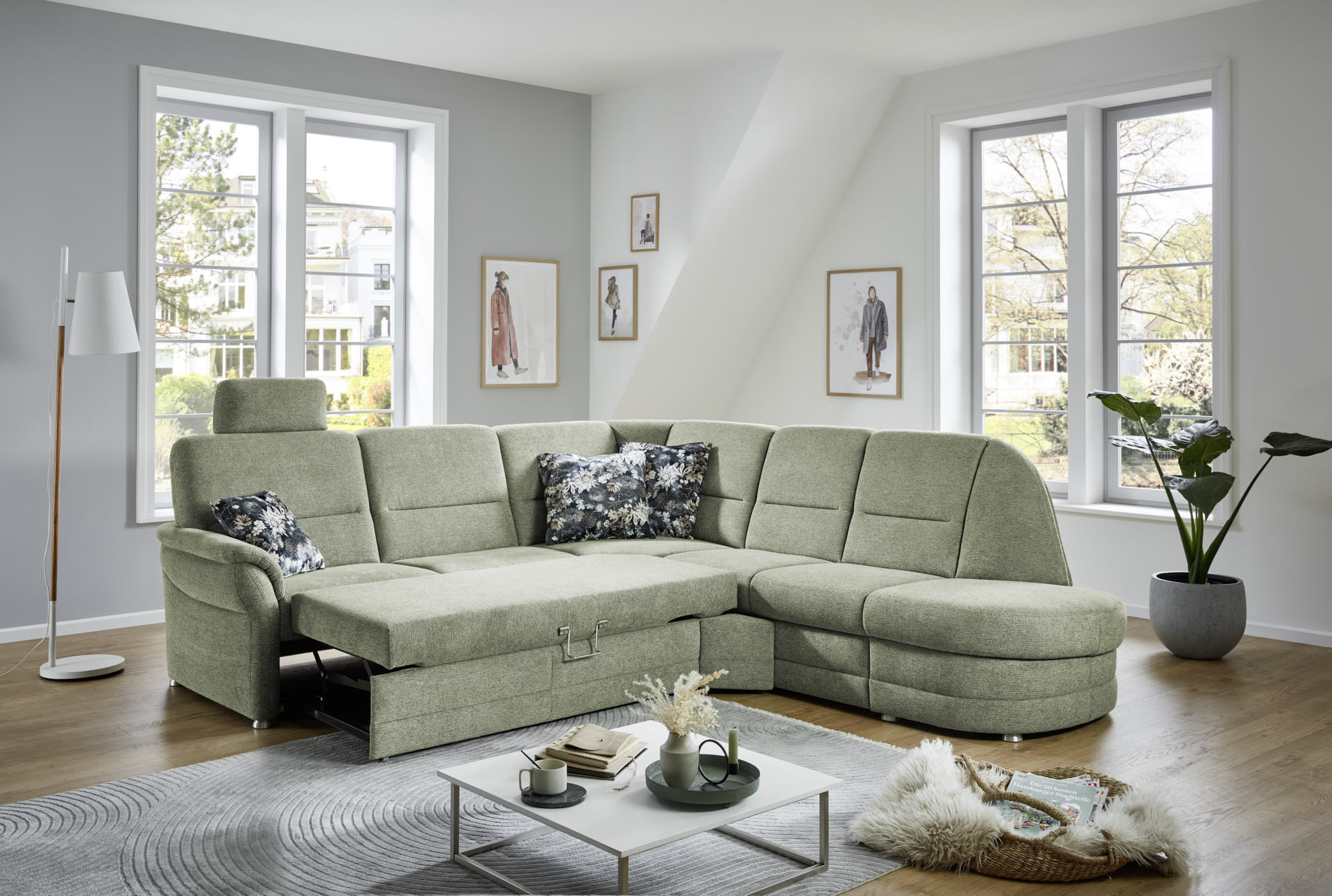 Ecksofa, Stoff grün, Rücken echt - LS404820 Q +