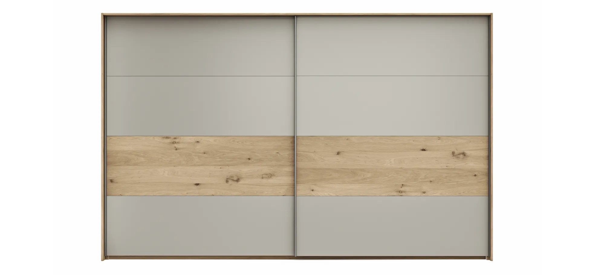 Schwebetürenschrank Viana - B ca. 338 cm, Furnier, Balkeneiche, Hellgrau