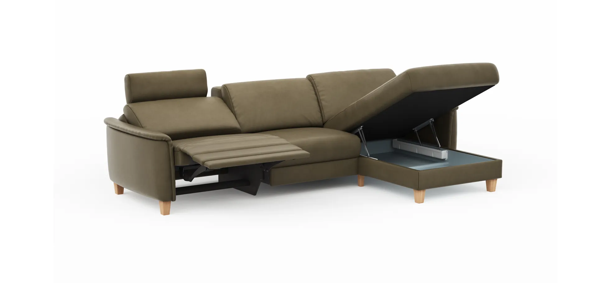 Ecksofa Mendoza - 2,5-Sitzer mit Longchair rechts, Relaxfunktion motorisch, Bettkasten, Leder, Braungrün