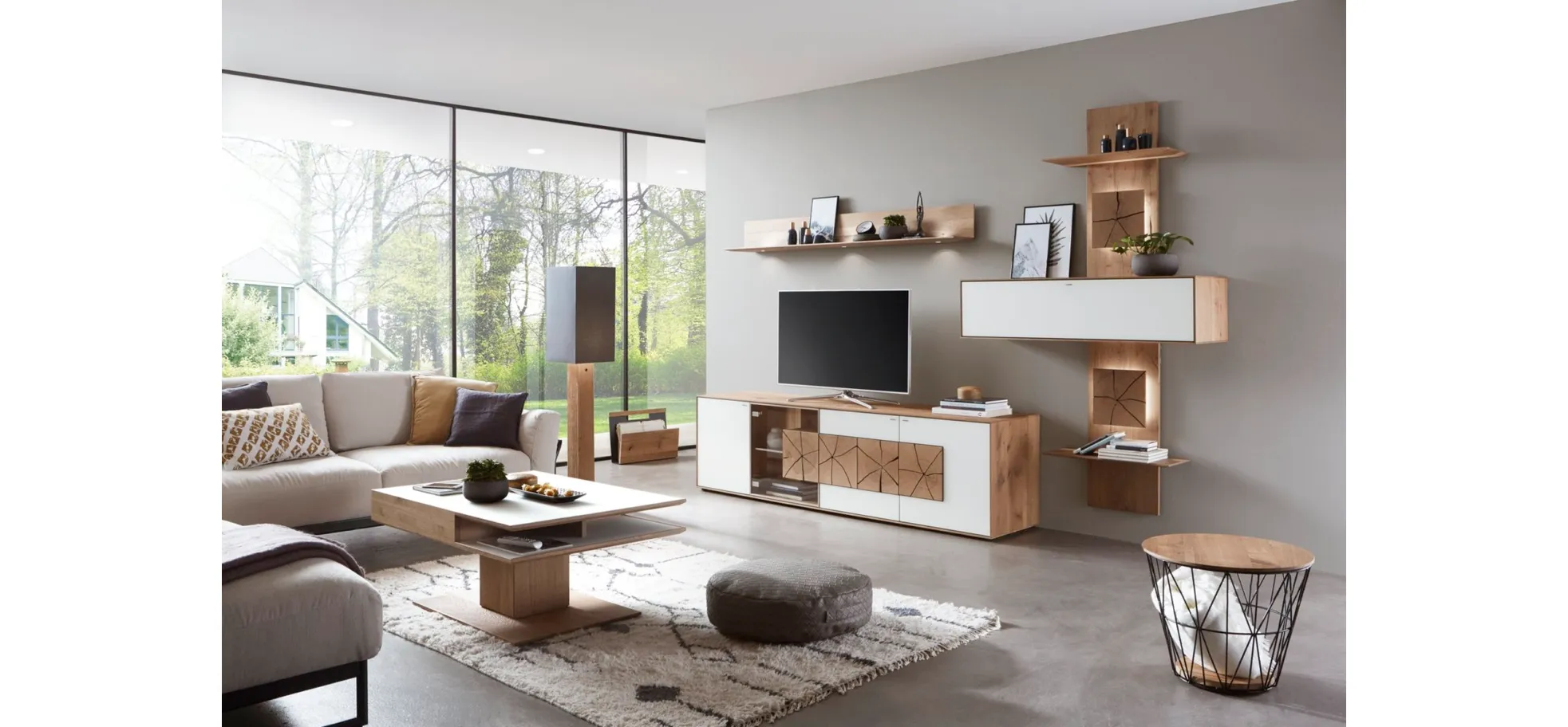 Couchtisch - Schublade, LBH105x75x46 cm, Kerneiche massiv, Mattglas, Weiß