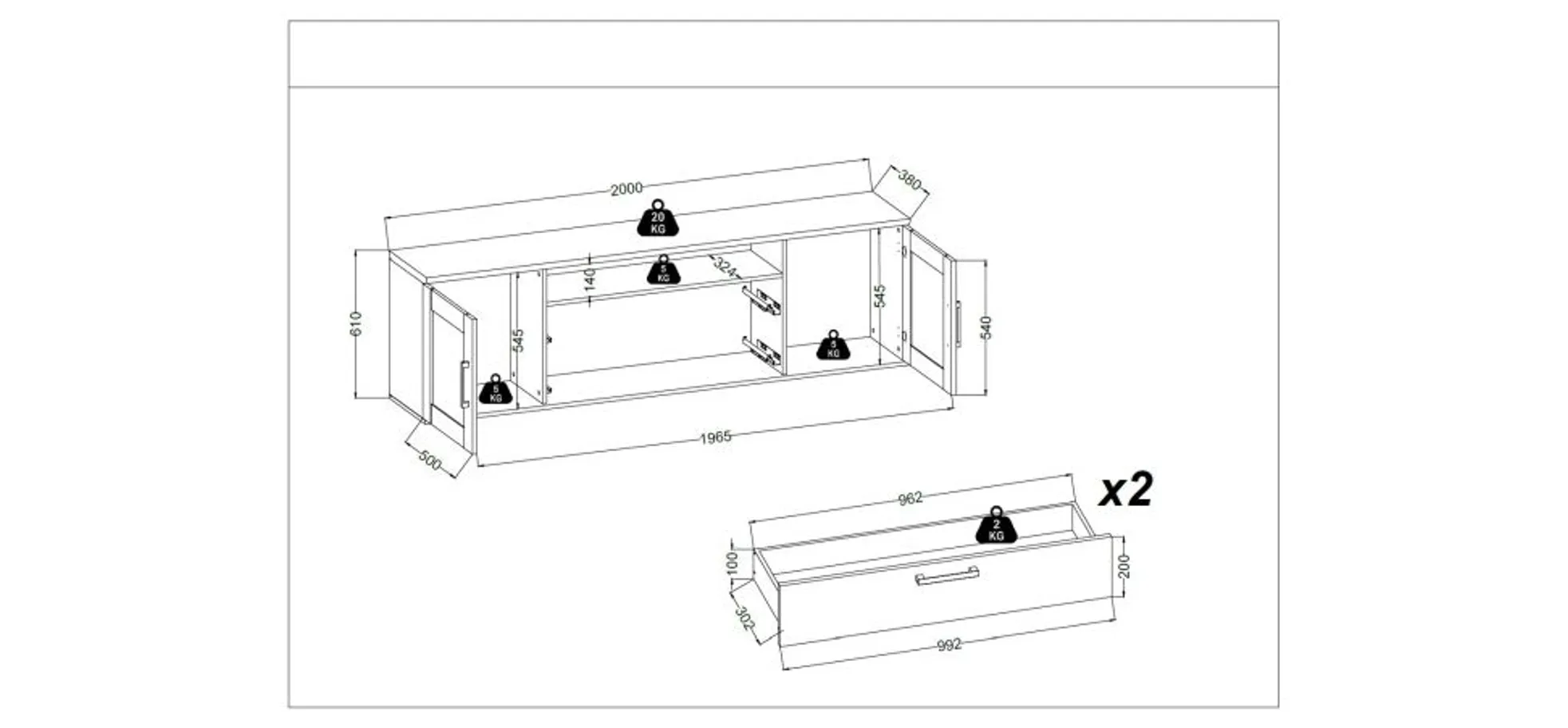 Lowboard - inkl. Wandboard, Grau, Artisan Eiche Nachbildung