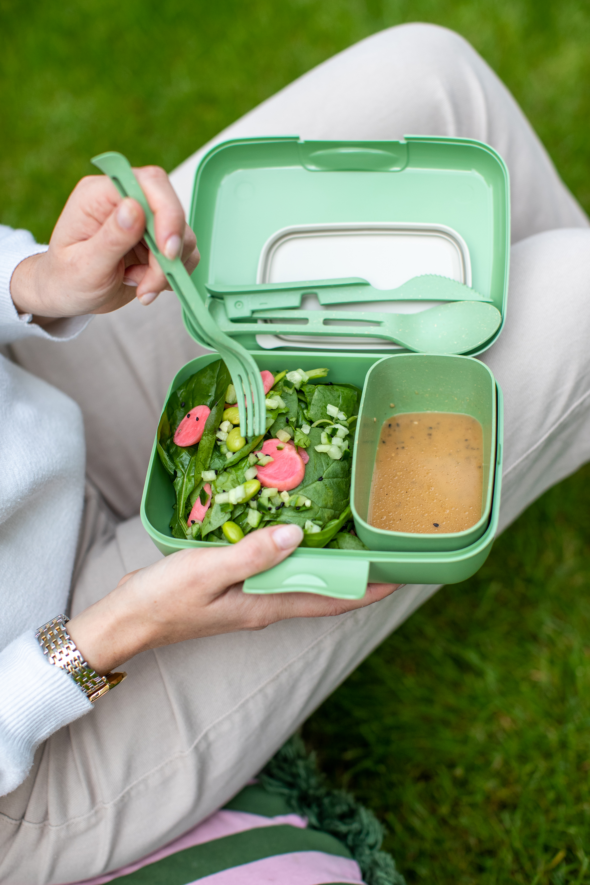 Lunchbox-Set inkl. Besteck-Set, nature leaf green - Umweltfreundlich, Lebensmittelecht,100%CO2-neutral