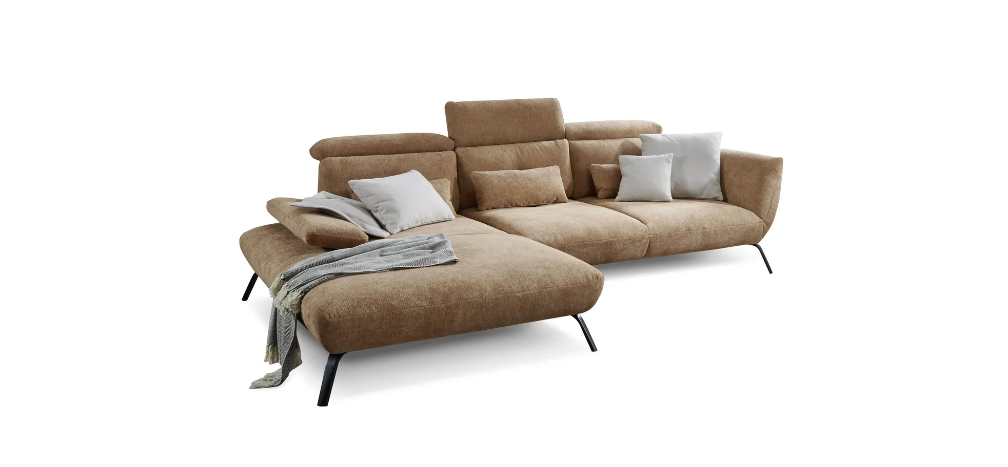 Ecksofa - Longchair links mit 3-Sitzer, Rückenlehne verstellbar, Stoff, Cognac
