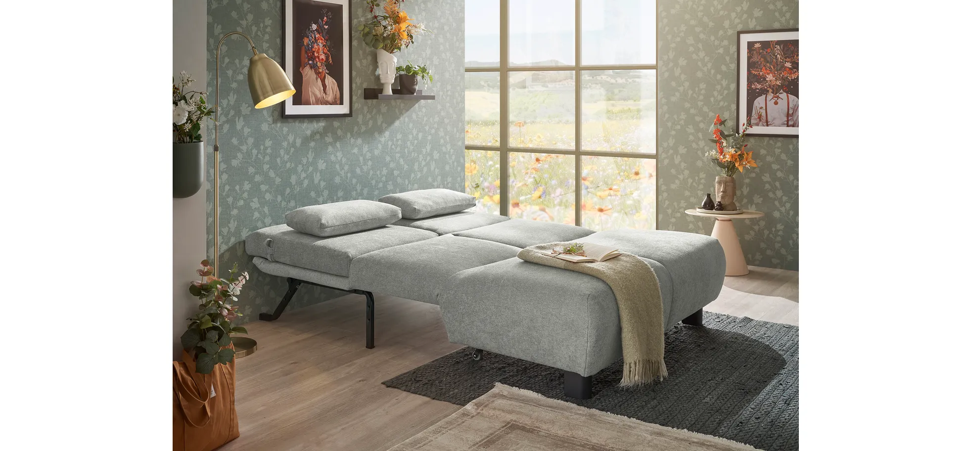  Faltsofa EBBY - 2-Sitzer ohne Armlehne, 140 cm inkl. Schlaffunktion/Relaxfunktion, Stoff, Grau