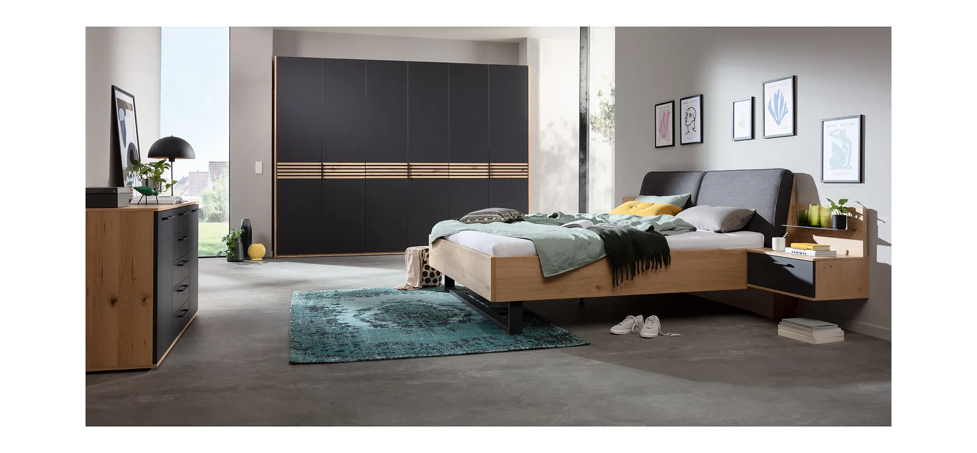 Bett Viana - Liegefläche ca. 180x200 cm, Balkeneiche furniert, Stoff, Anthrazit