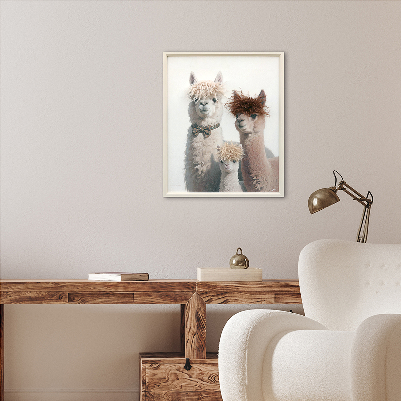 Bild "Stylish Lama Family", ca. 50x60 cm - Giclée auf Trägerplatte mit Kunstfell, handvered.