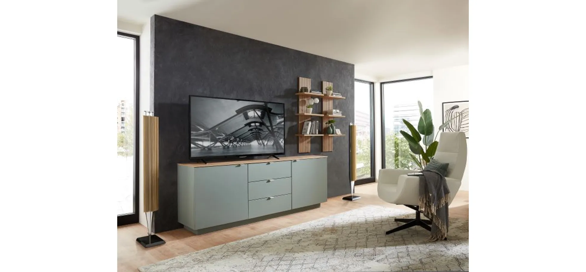 TV-Sideboard - Olivgrün, Eiche Dekor