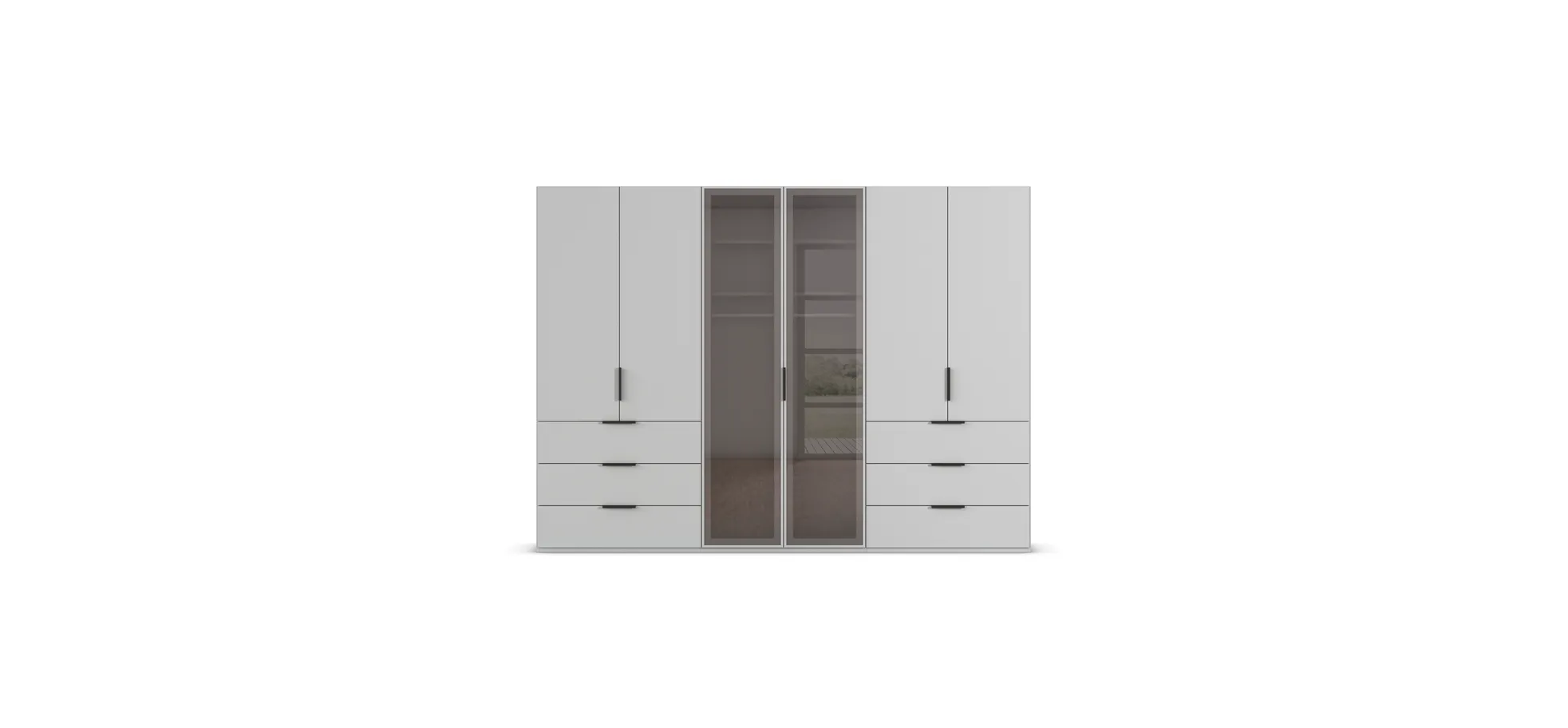 Drehtürenschrank - B. ca. 300 cm, Seidengrau Dekor, Glasrahmentüren Schwarz