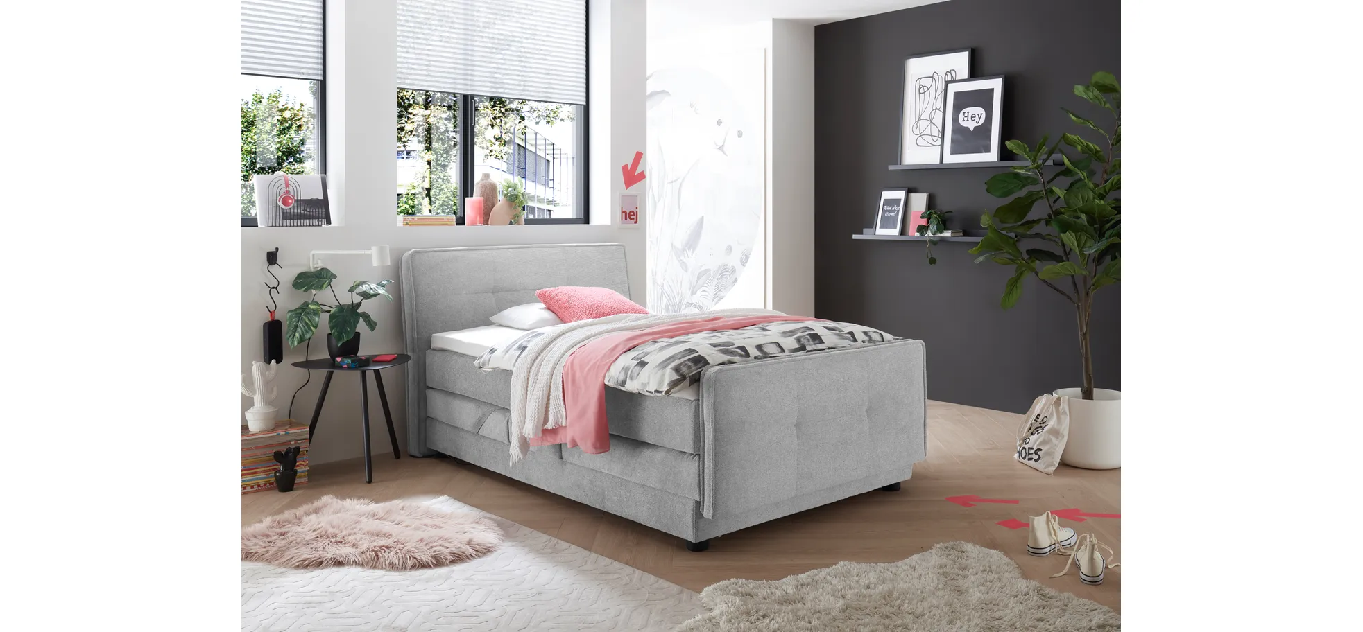 Boxspringbett- Liegefläche ca. 120x200 cm, Stoff, Hellgrau