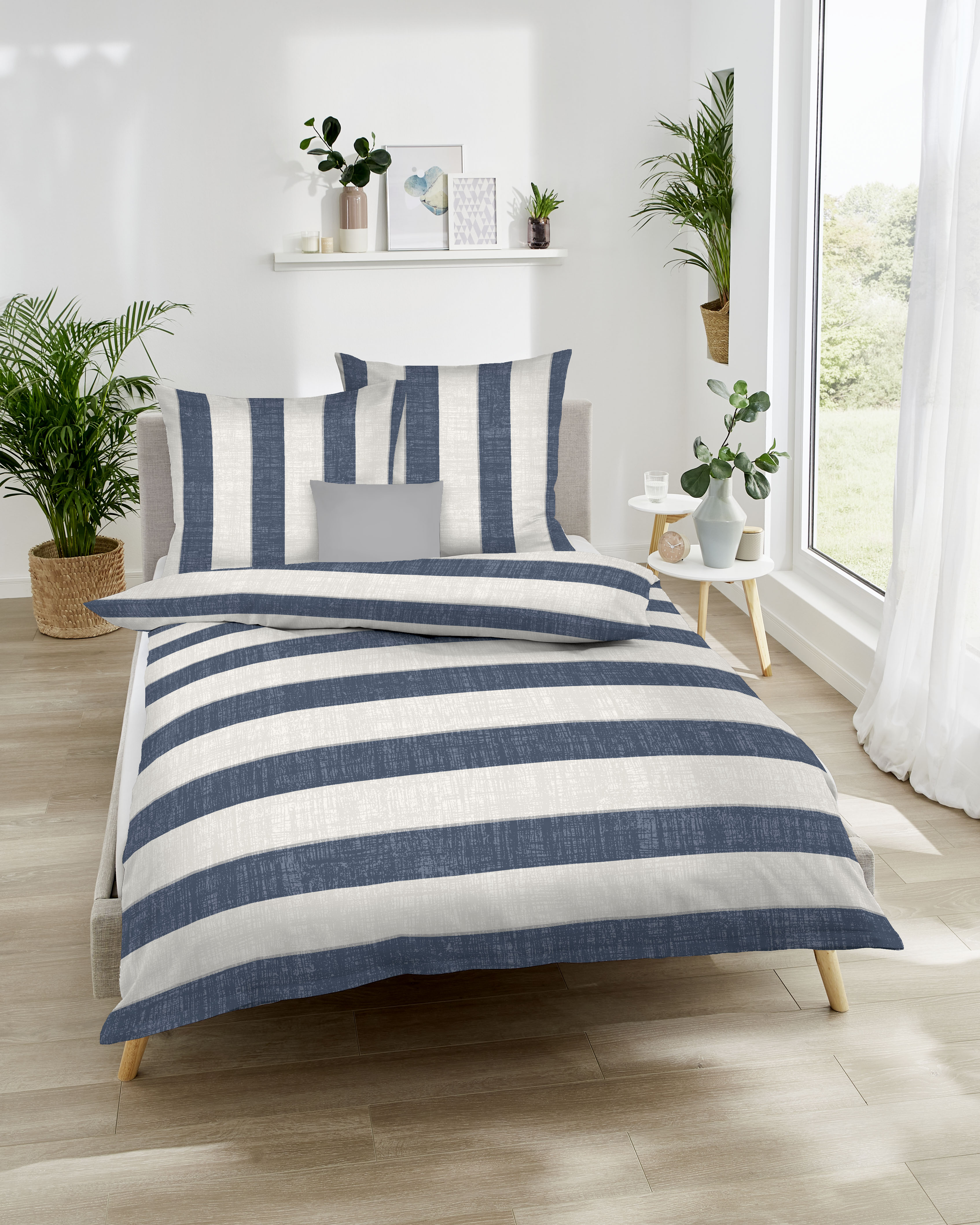 Feinbiber Bettwäsche College, 100 % Baumwolle - 135x200cm, marine/weiß/Streifen