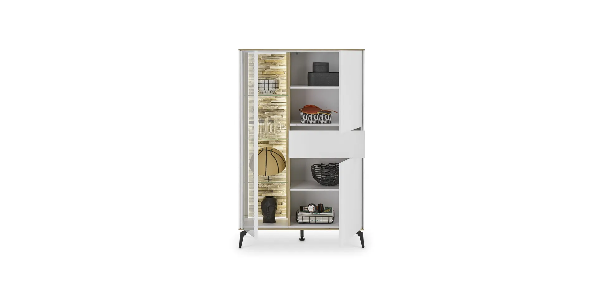 Highboard - B ca. 101 cm, Weiß, Asteiche, Schwarz Highboard - B ca. 101 cm, Weiß, Asteiche, Schwarz