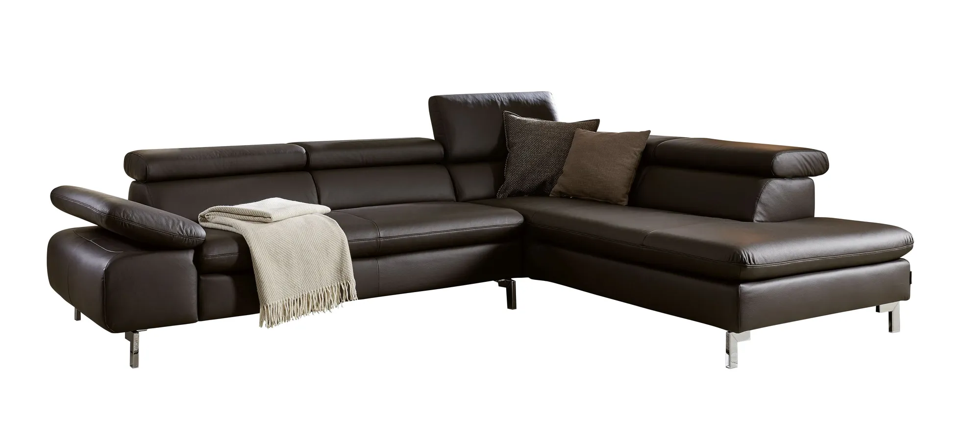 Ecksofa - 2-Sitzer mit Ecke rechts, Kopfteil/Armlehne verstellbar, Leder, Dunkelbraun