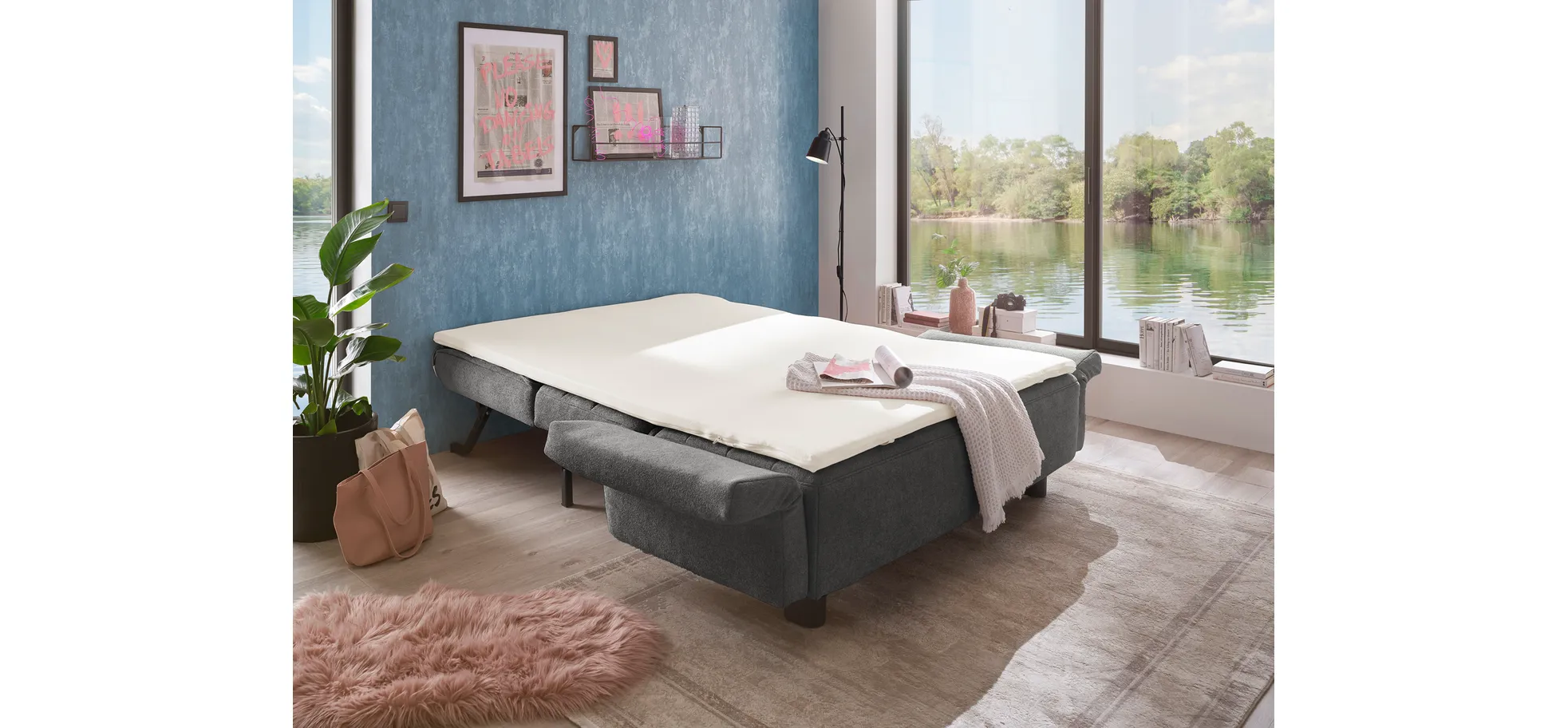  Faltsofa Easy - 2-Sitzer, ca. 140 cm inkl. Schlaffunktion/Topper/Armteil verstellbar, Stoff, Dunkelgrau