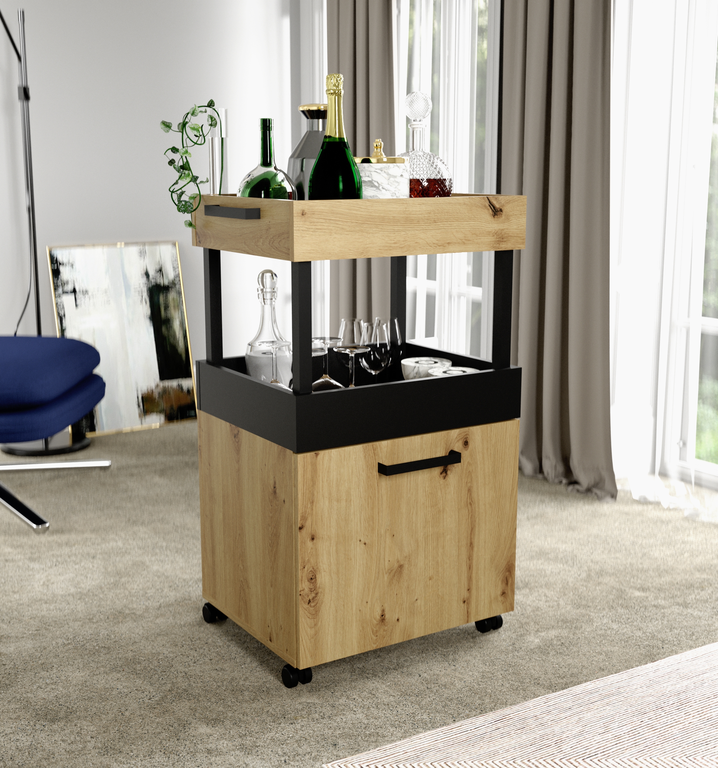 Minibar, Artisan Eiche, schwarz - Franka